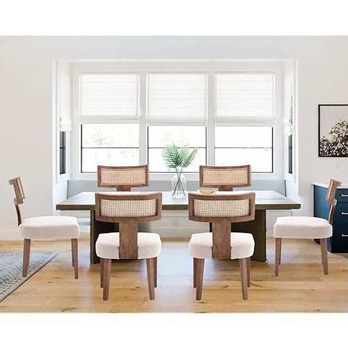 Mid Century Modern Rattan Dining Chairs Set of 6, Farmhouse Linen Upholstered Accent Chair Curved Backrest Kitchen Chairs, with Hardwood Frame, Beige