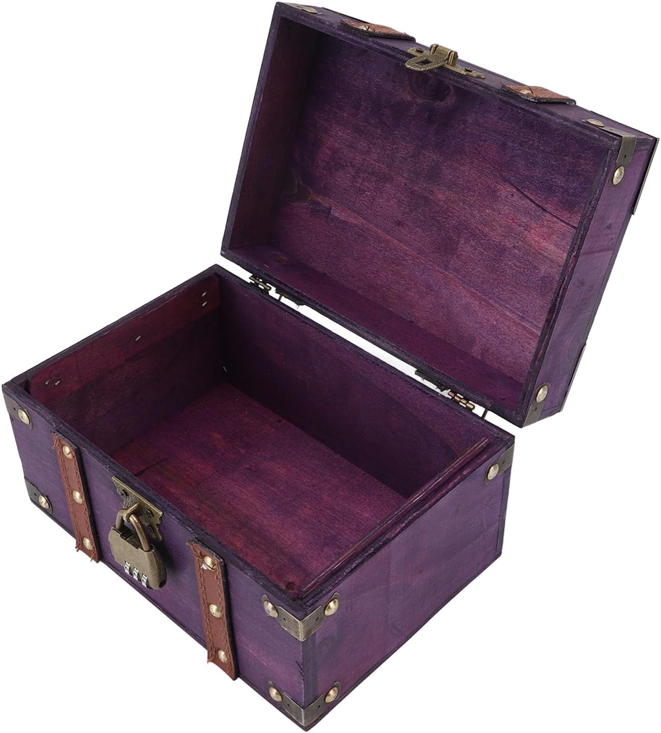 POCREATION Vintage Wooden Treasure Chest with Lock, Handmade Antique Jewelry Box, Violet Wood Storage for Gifts, Tabletop Decor Organizer