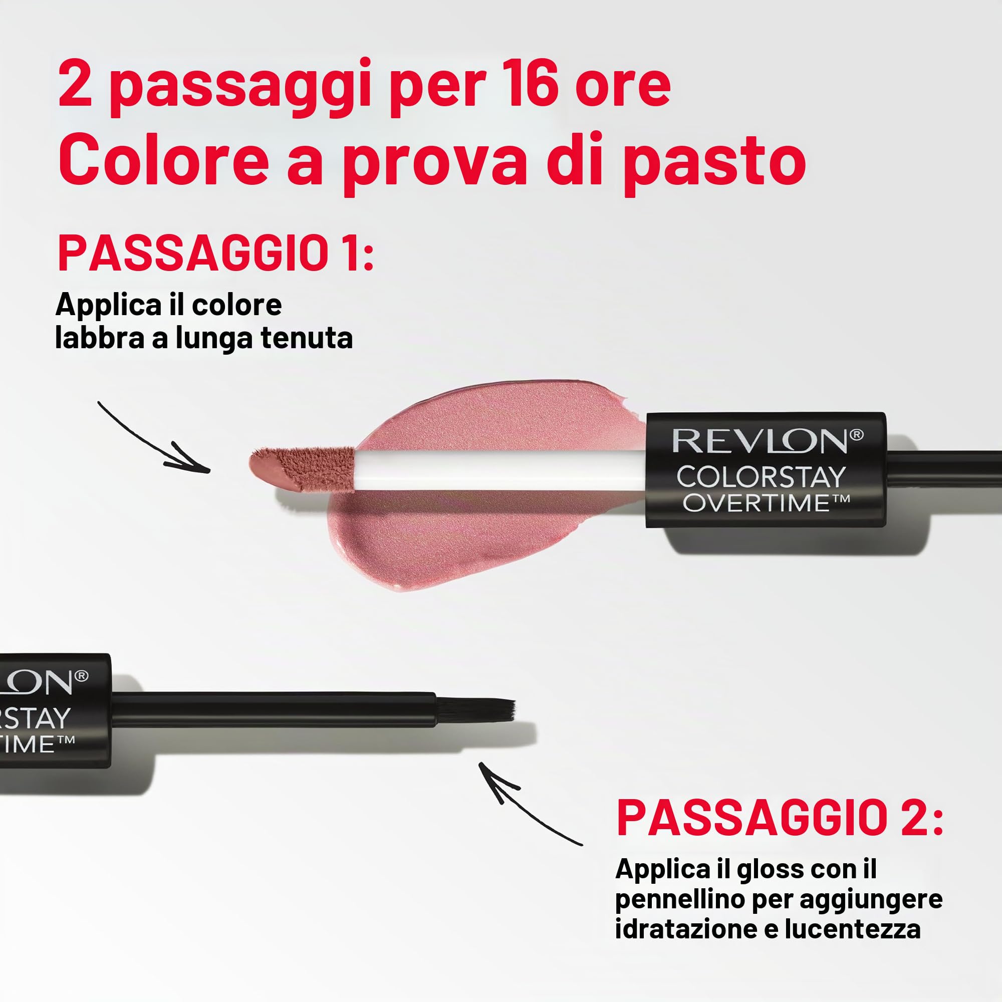 Revlon Rossetto liquido con lucidalabbra trasparente, ColorStay Overtime Lipcolor, doppia estremità con vitamina E, 540 Unstoppable Nude, 0,07 ml