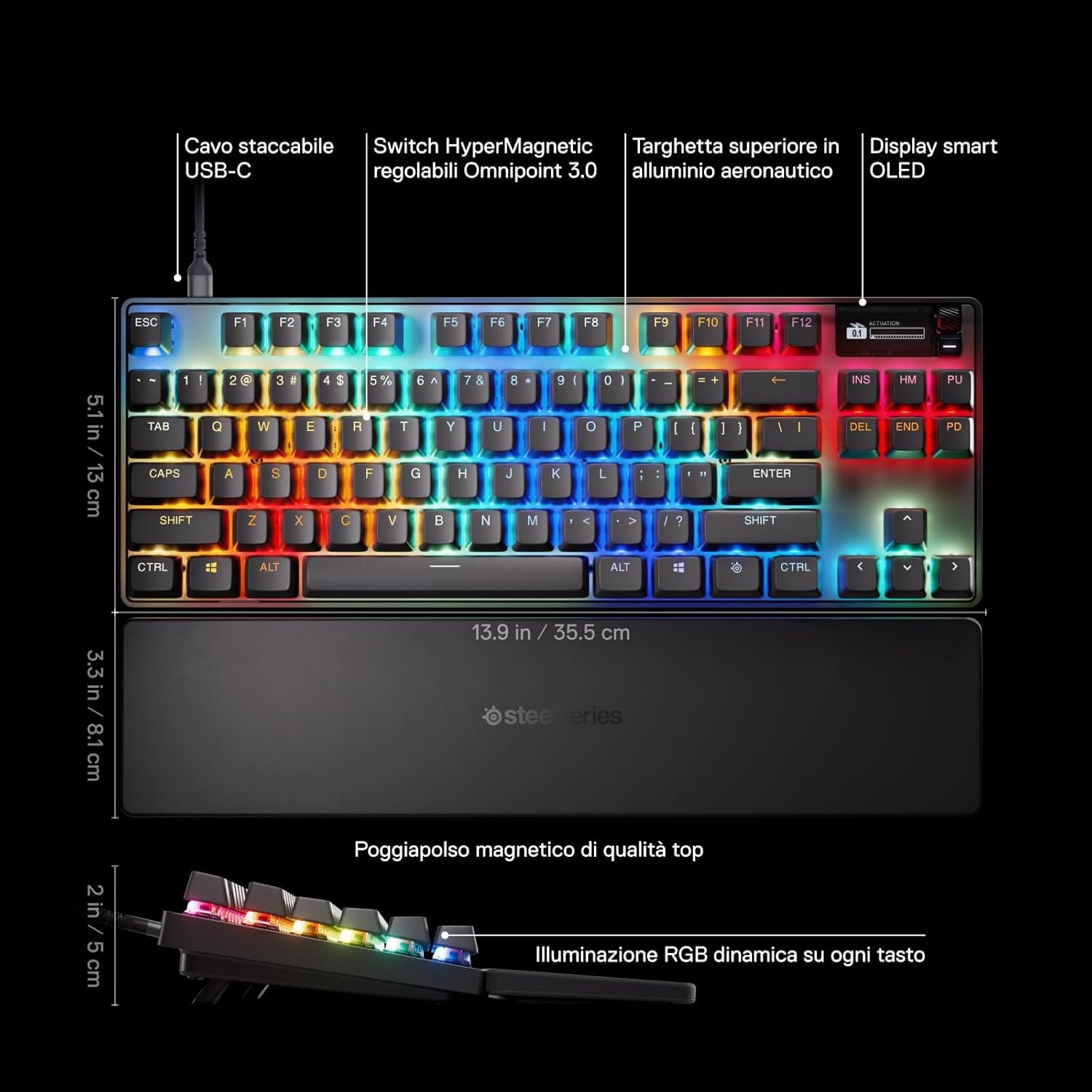 Apex Pro TKL Gen 3 Tastiera Meccanica Gaming - HyperMagnetic OmniPoint 3.0 switch - Attuazione regolabile - Innesco rapido - Tocco rapido/SOCD - OLED - RGB - USB-C - US QWERTY - Tastiera gaming - Immagine 2