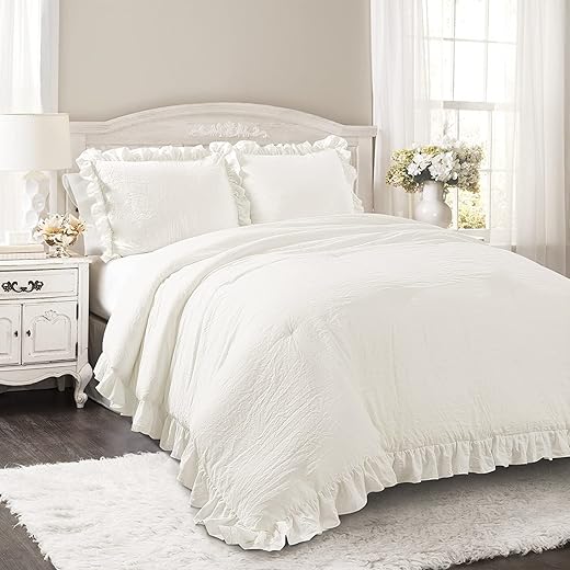 Lush Decor Reyna Ruffle Comforter Set - 3 Piece Cozy Ruffled Bedding Set - Timeless Elegance and Comfort for Bedroom - King, White