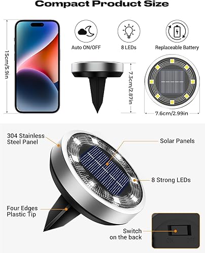 Miniatura 6 de btfarm Paquete de 16 luces solares para exteriores, 8 luces LED solares de disco IP65, impermeables, luz solar plana, luces de camino alimentadas