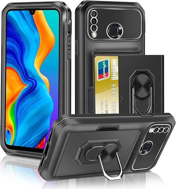 VUNAKE for Huawei P30 Lite Case with Card Holder P30 Lite Phone Case Wallet Case with Ring Kickstand Heavy Duty Hard PC TPU Bumper Cover Shockproof Protective Case Cover for Huawei P30 Lite,Black
