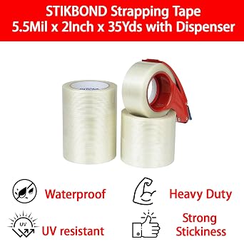 Strapping Tape 5.5Mil x 2Inch x 35Yds with Dispenser 6-Packs,Mono Fiberglass Reinforced Packing Tape Heavy Duty Wear-Resistant Sealing Tape for Shipping,Moving (Total 210Yds)