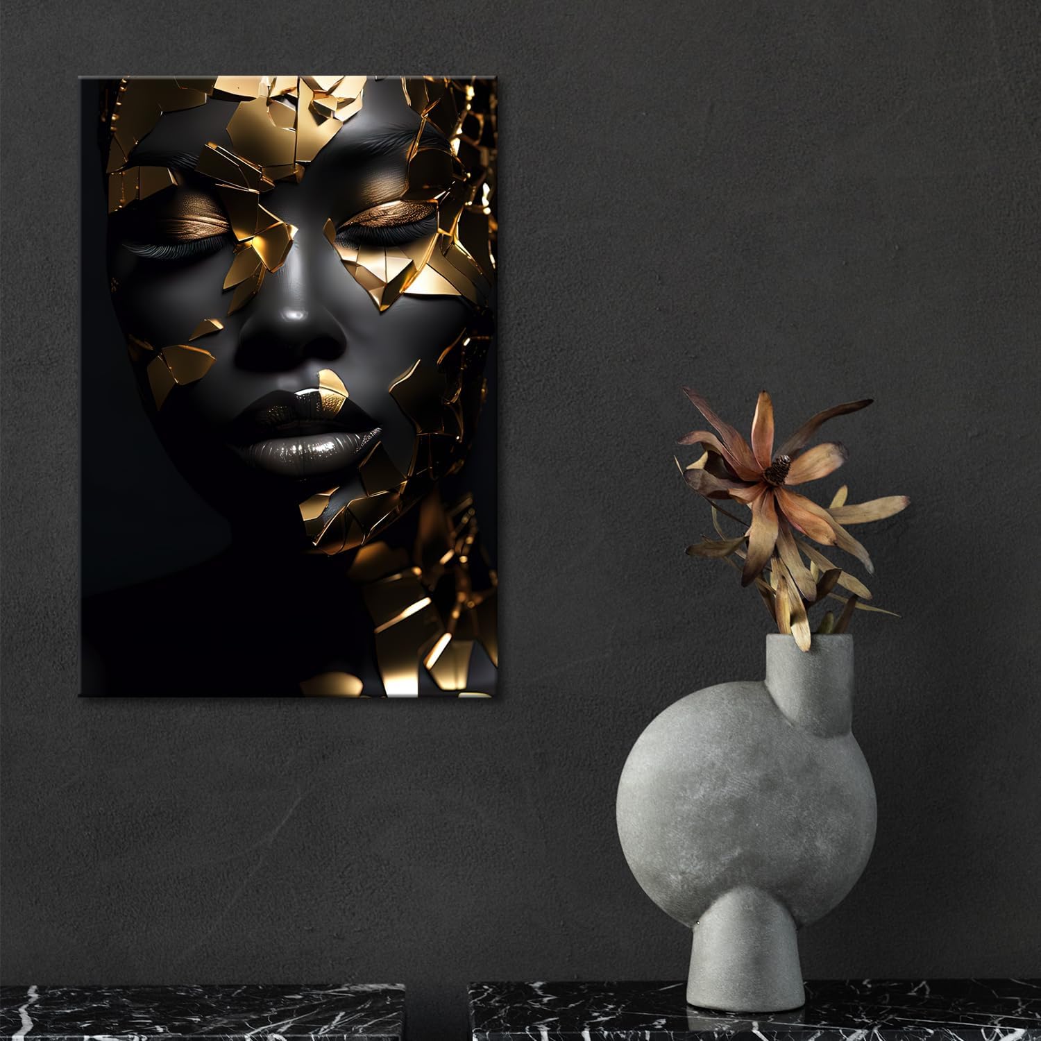 GLOKAKA Black Woman Wall Art African American Canvas Wall Art Black and Gold Women Portrait Artwork for Office Living Room Bedroom Decoration Black Girls Art-01 24"L x 16"W