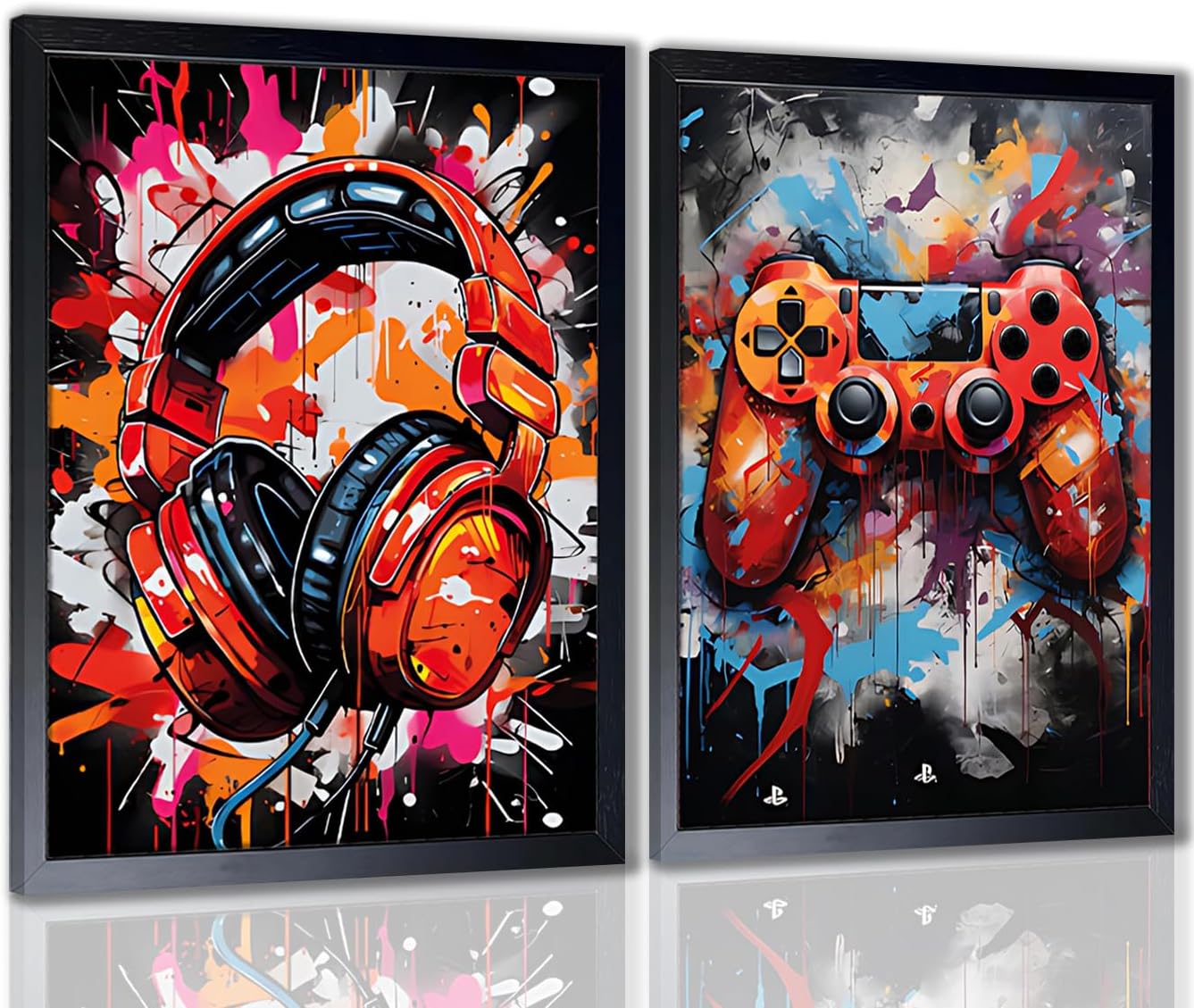 Gaming Wall Art Set of 2 Framed, Colorful Game Controller and Headset Wooden Frame Canvas Prints, Ready to Hang Gamer Wall Decor for Bedroom Game Room Living Room, 16x12 Inch