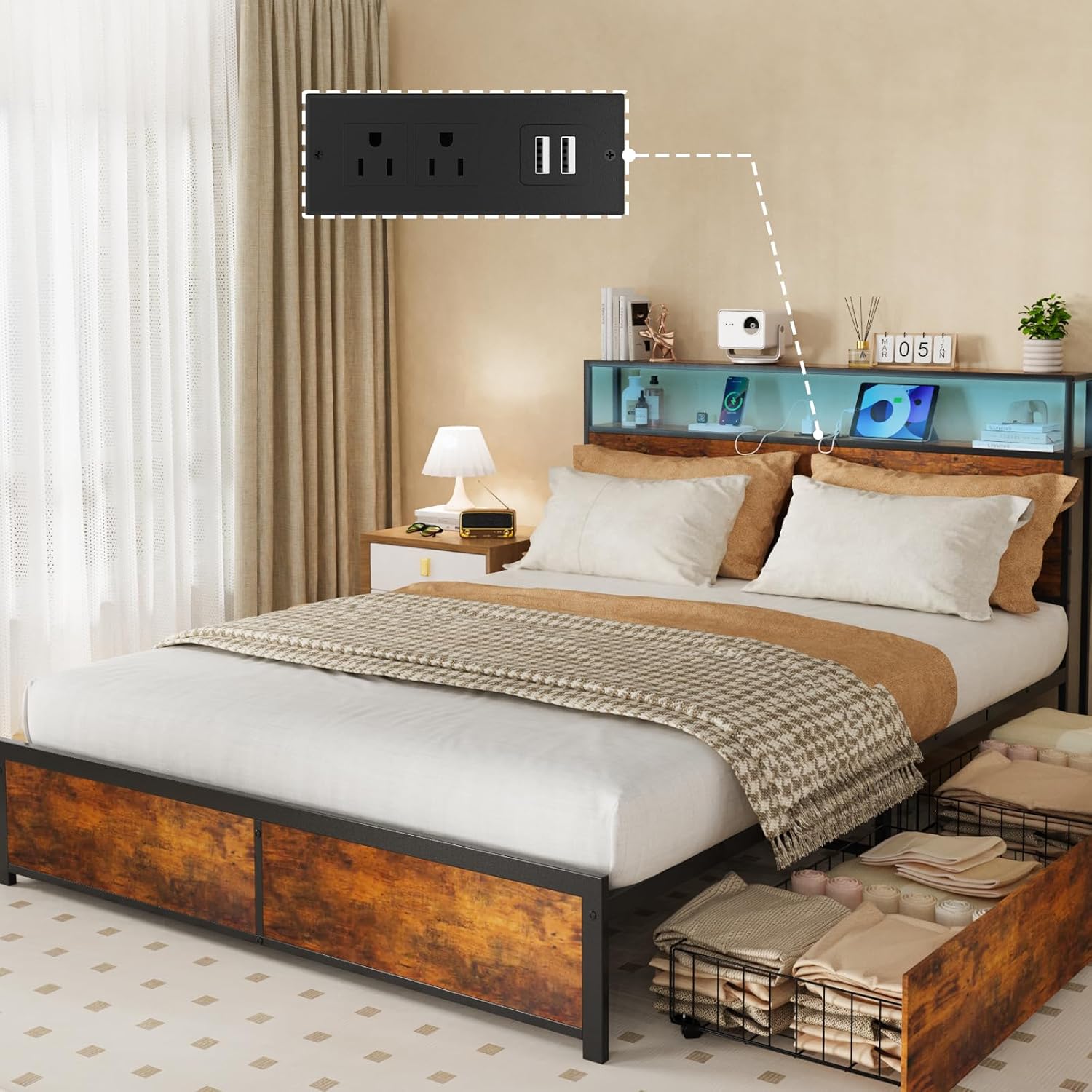 Queen Bed Frame with Headboard, Heavy Duty Metal Platform Queen Bed Frame with Built-in Charging Station & Led Light, Bed Frame Queen Size with 4 Drawers, Noise-Free, No Box Spring Needed, Brown