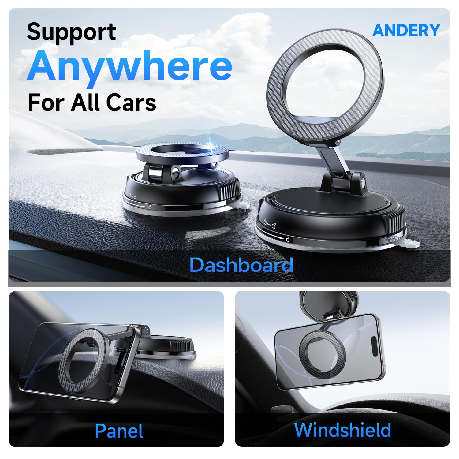 ANDERY Soporte para teléfono de coche para Magsafe [78+LBS de succión más fuerte y 2400gf magnético] Montura de teléfono de coche ajustable en 360°, soportes de teléfono para tu coche para iPhone 17