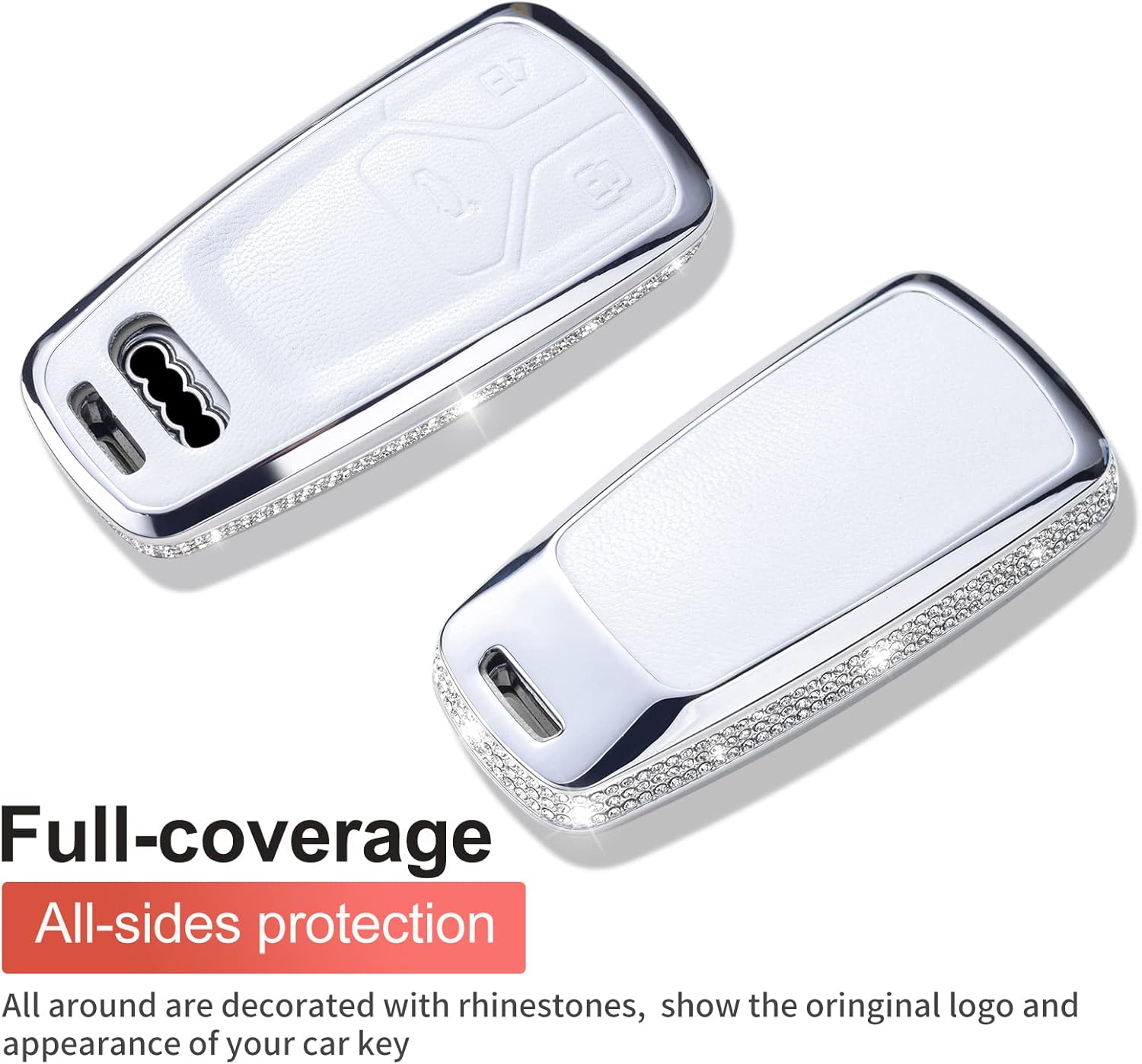 Compatible with Audi Key Fob Cover with Keychain Genuine Leather Crystal Full Protection Key Case Shell Fit for Audi A4 Q7 Q5 TT A3 A6 SQ5 R8 S5 Smart Key-White