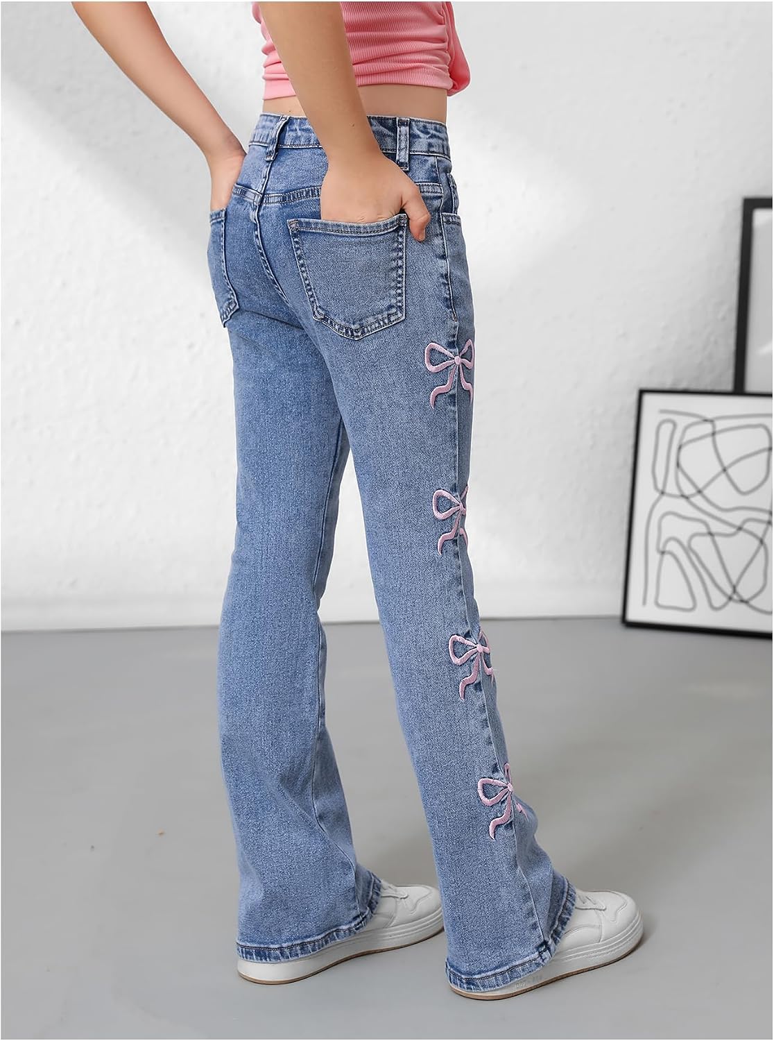 Floerns Girl's Cute Bowknot Jean Pants Embroidery Flared Leg Y2k Denim Pants