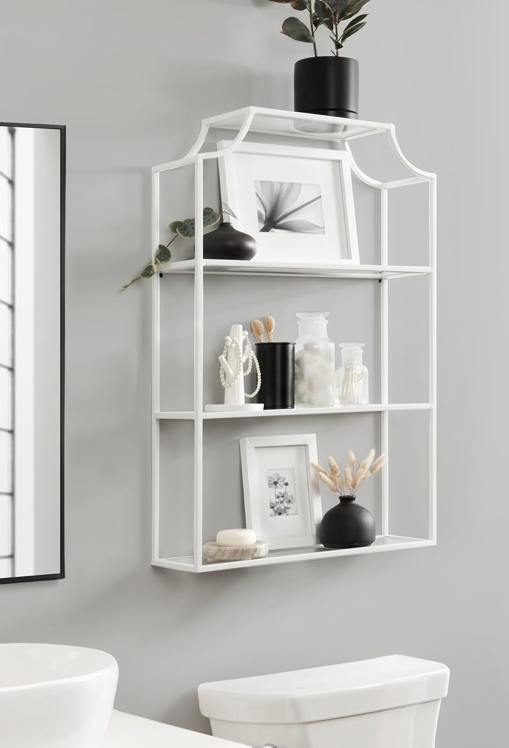 Kate and Laurel Ciel Three-Tiered Wall Shelf; 21 x 30; White; Decorative Floating Shelf Storage and Wall Organizer for Over Toilet Storage Bathroom Display