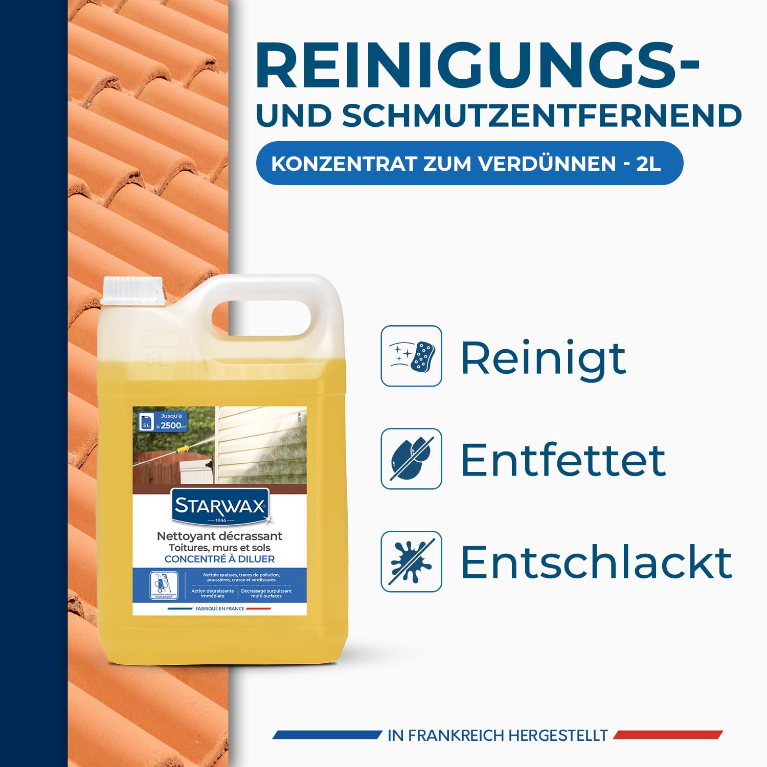 STARWAX – Limpiador de techos, Paredes y Suelos – Concentrado para diluir – Limpia Las Grasas, Las Huellas – Removedor multisuperficies – Fabricado en Francia – 5L = hasta 2500 m2 | Potente fórmula para desarmar sin esfuerzo, compatible con lavadora a pre