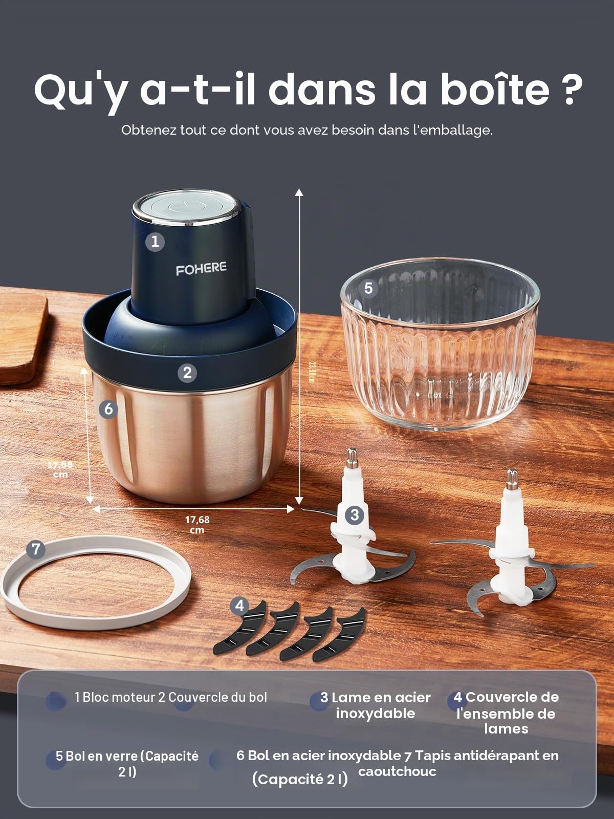 FOHERE Hachoir Électrique, 300W Hachoir à Viande Avec 2L
