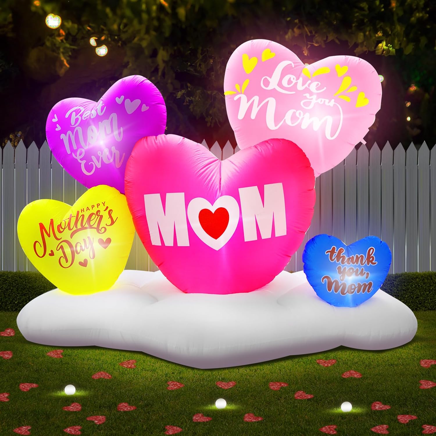 8FT Inflatable Happy Mother's Day Decorations, 5 Sweet Hearts Best Mom Ever with 5 LED Lights Blow Up Inflatable Outdoor Indoor Yard Decorations or Gifts for Mom