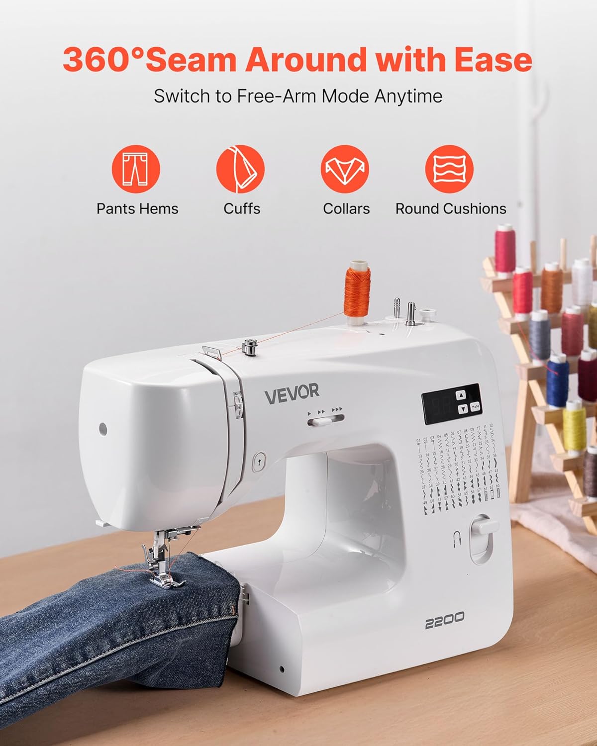 Sewing machine needle piercing through multiple layers of denim fabric