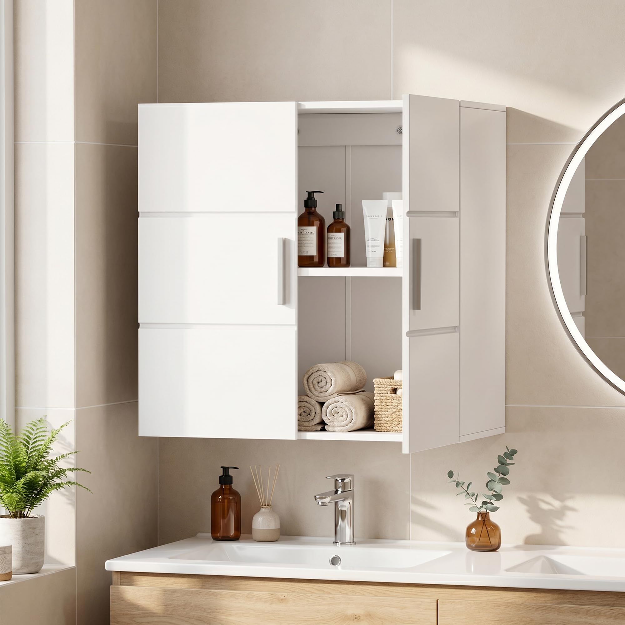 APICIZON Pensile Bagno 2 Ante, 60 × 31 × 60 cm, Bianco | Mobile bagno sospeso con ripiano interno regolabile, armadietto da parete per bagno, cucina, lavanderia o WC