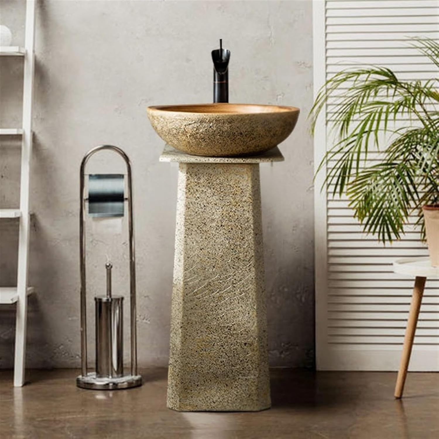 Washing table Column Washing table 3-piece retro column face washing unit, outdoor garden atrium pedestal sink, bed set ceramic container sink hand-carved washbasin for indoor and outdoor use sink (D