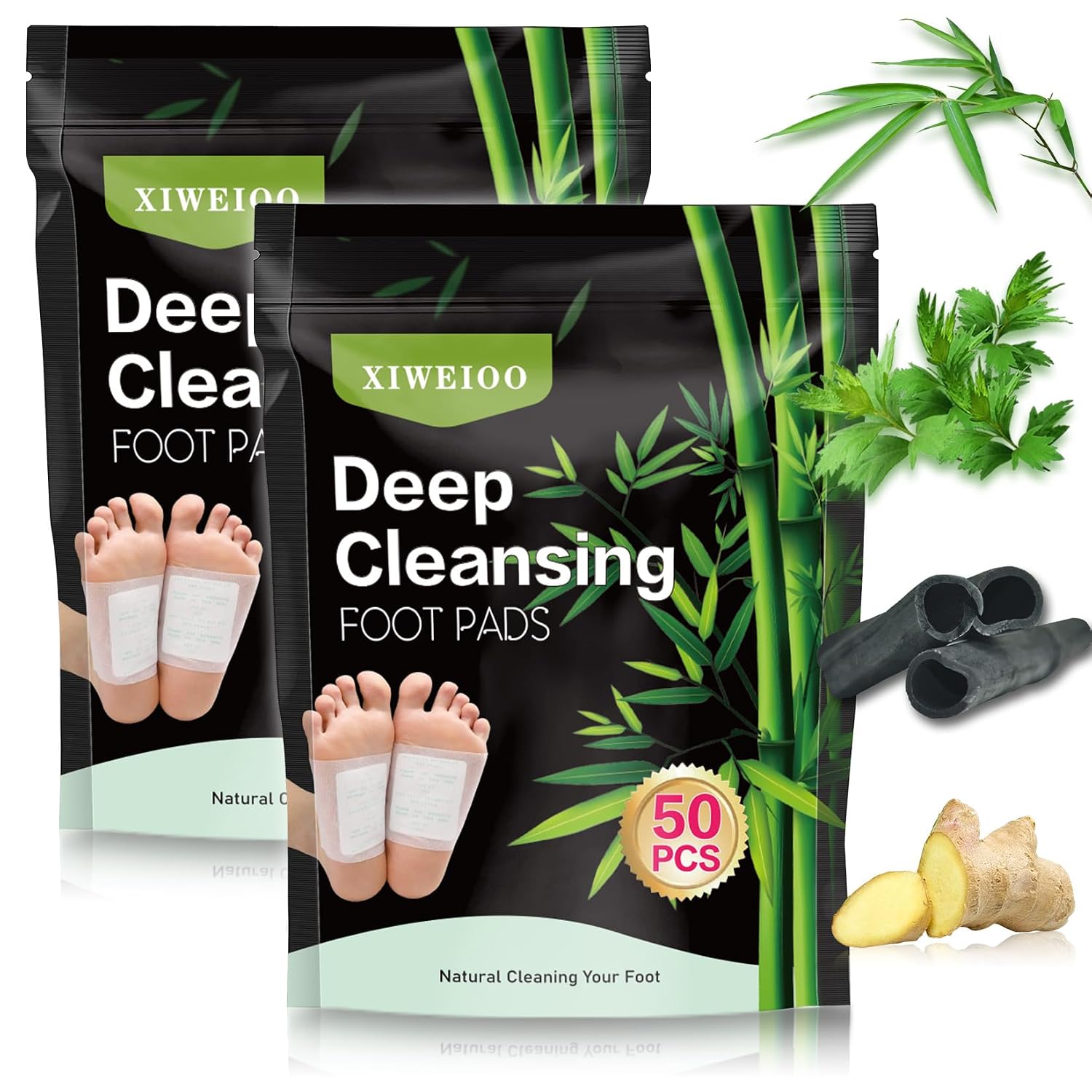 xiweioo 2 bags 100 Pack Foot Pads KIT Ginger Oil & Bamboo Charcoal Premium Foot Care Patches Original Deep Cleansing Foot Pads, Natural Moisturize for Better Sleepf for women