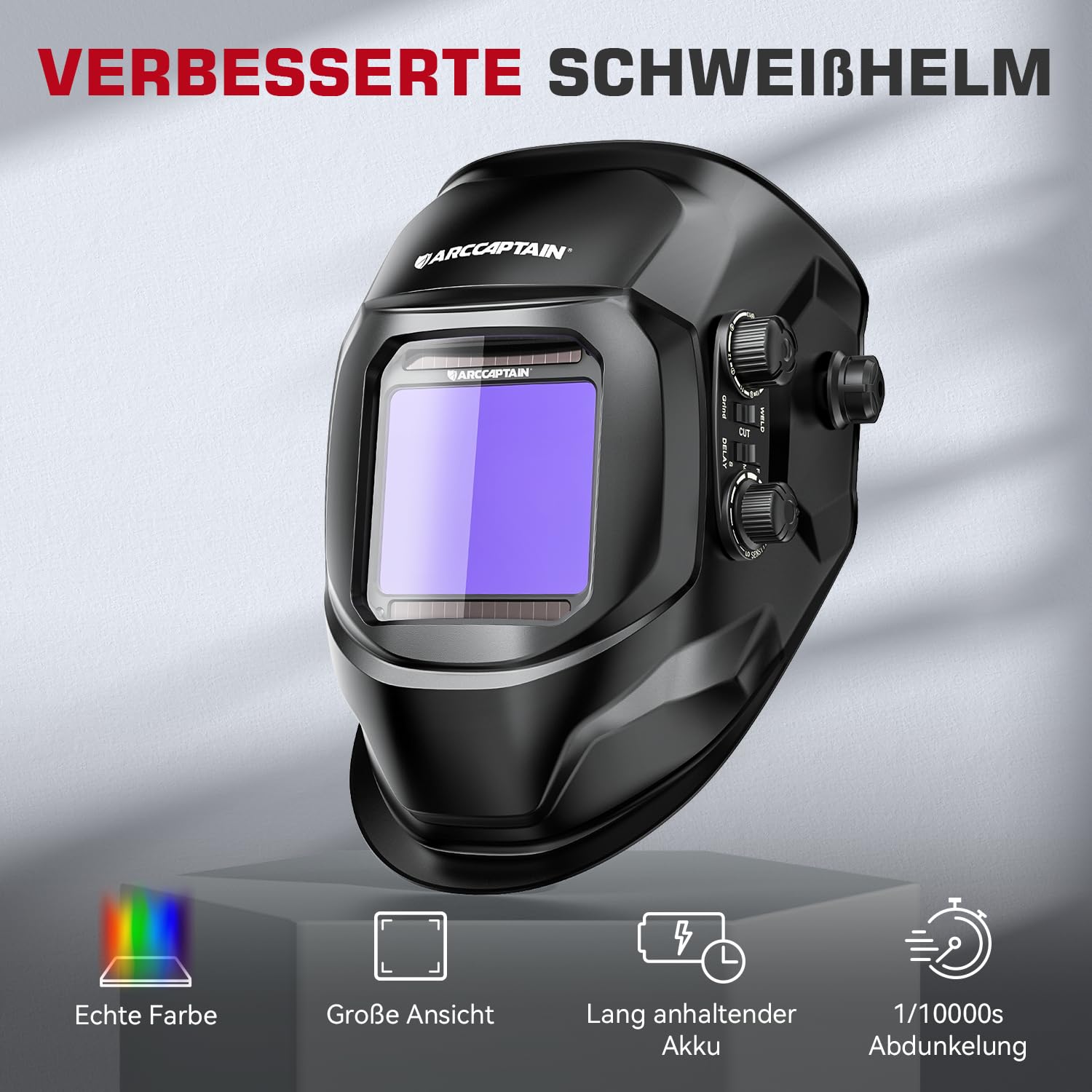 ARCCAPTAIN Schweißhelm Automatik, 100x93mm Schweißmaske mit Großes Sichtfeld, Real Colour Vollautomatik Schweisshelme mit Wahre Farbe Schweißerhelme Breiter Schatten 4/9-13 für MIG, TIG, ARC