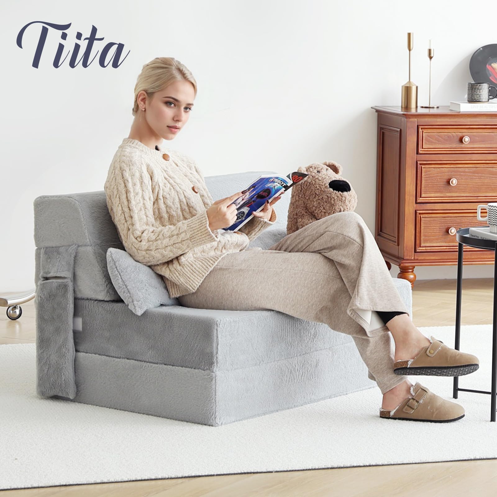 Sofá cama plegable con almohada, colchón de tamaño individual y tela de felpa con bolsa de almacenamiento portátil, tumbona de suelo, cama para sala de estar, habitación de invitados, 5