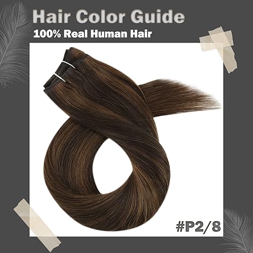 Miniatura 8 de Moresoo Extensiones de cabello humano de 22 pulgadas, doble trama, cosidas, extensiones de cabello humano castaño oscuro con mechas de cabello