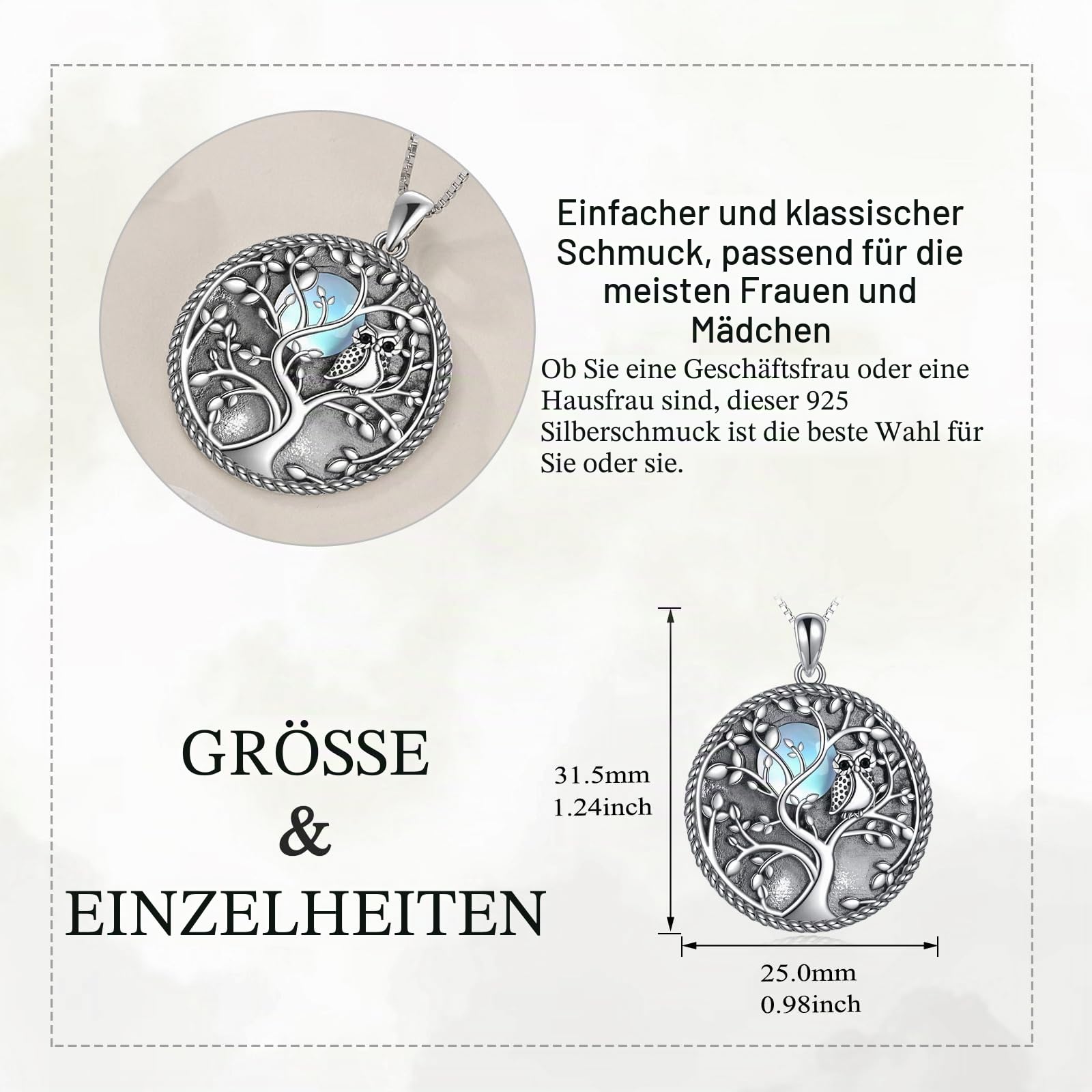 KQF Häschen/Libelle/Chakras/Baum des Lebens/Eule/Lotus/Kuh/Elefanten Kette Sterling Silber Häschen Anhänger Schmuck Abalone Muscheln/Mondstein Tierschmuck Geschenke für Damen Mädchen