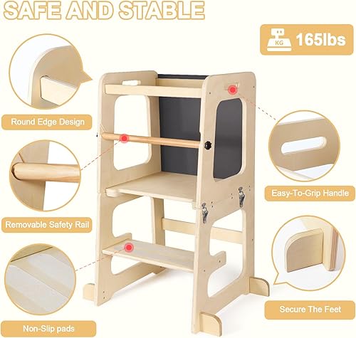 Miniatura 3 de Montessori - Escalón de cocina para niños con rieles de seguridad extraíbles, antideslizante para niños pequeños, taburete de madera natural