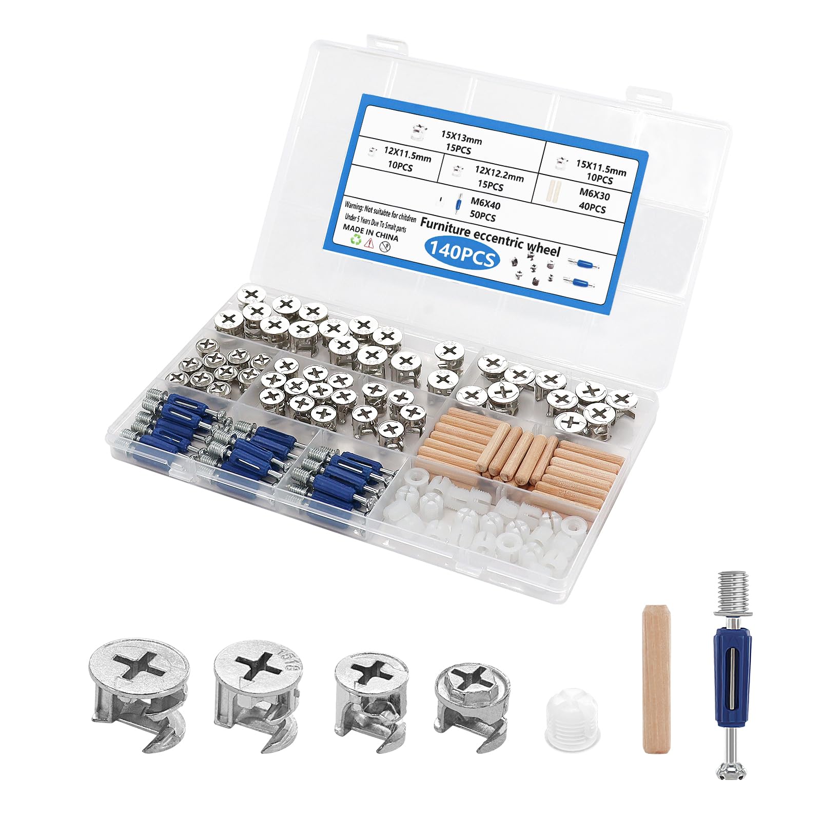 FuncHardwa 140 PCS 3-in-1 Furniture Connector, Zinc Alloy Bolts and Nuts Set with Pre-Inserted Plastic Nut and Wood Dowel, Cam Lock Nut for Cabinet Wardrobe