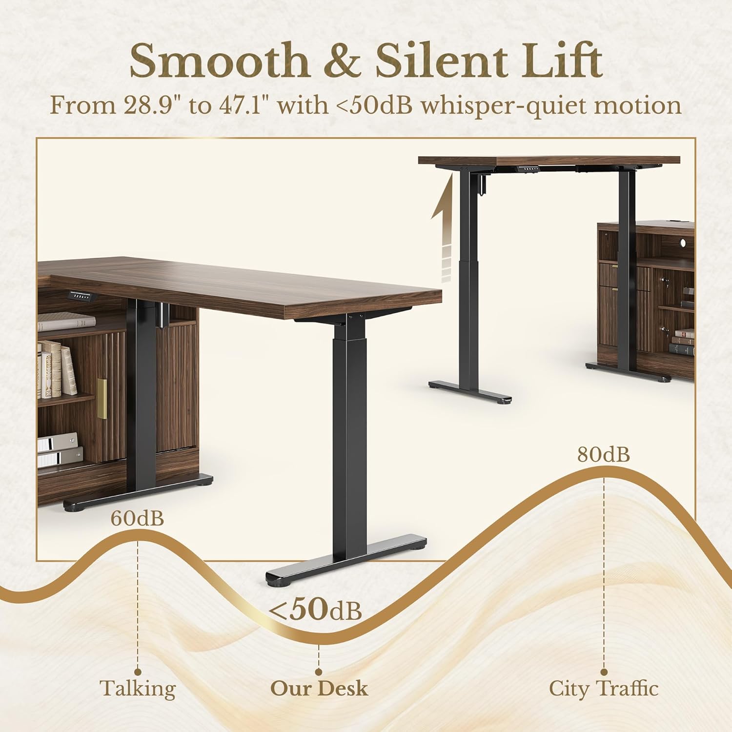 Home Office Furniture Set, 67'' Standing Desk with 44'' Bookshelf, Electric Height Adjustable Desk with 2 File Cabinet, AC/USB and Bookcase with 3 Drawers, Fluted Style Black Walnut