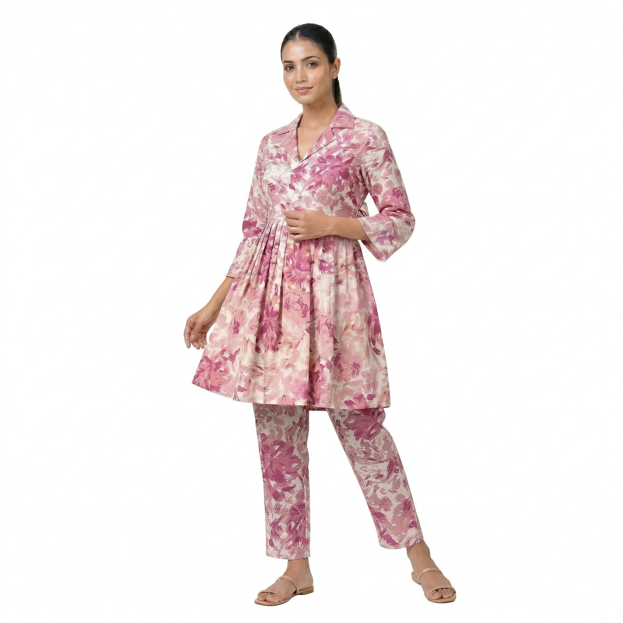Idrisi Fashion Floral Cord Set, Cotton Linen, Pink, Thigh Length Cord with Pants, 3/4 Sleeve, Tie Belt-image-27