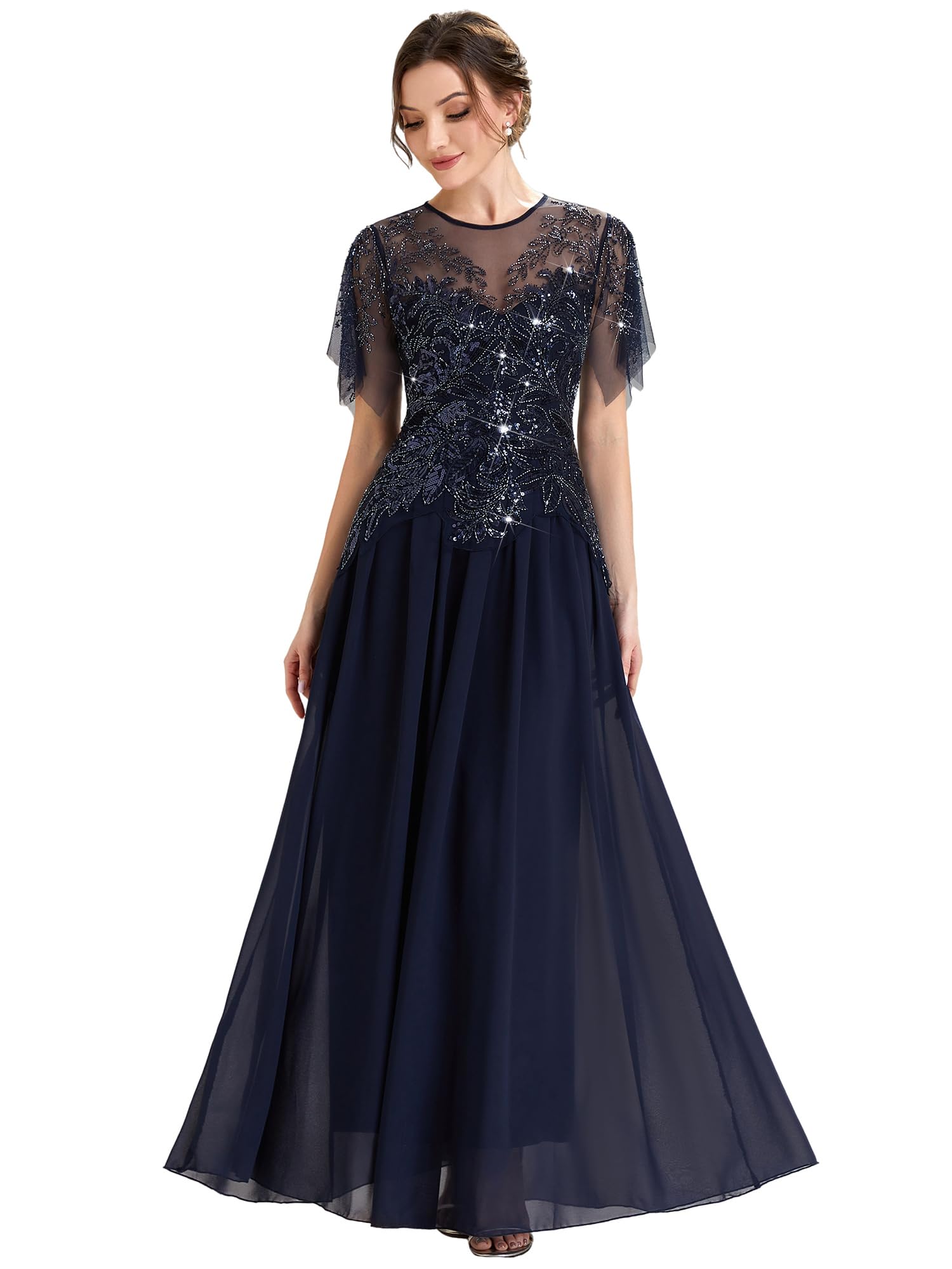 Ever-Pretty Abito Cerimonia Donna Collo Rotondo Maniche Corte Paillente Maxi Gonna Svasata EE02675