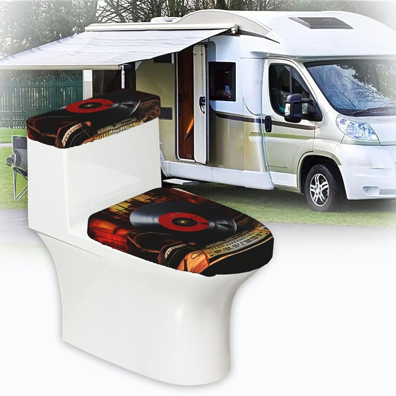 Music Studio Toilet Tank Cover And Toilet Lid Cover Set Stretch Bathroom Toilet Lid Seat Cover