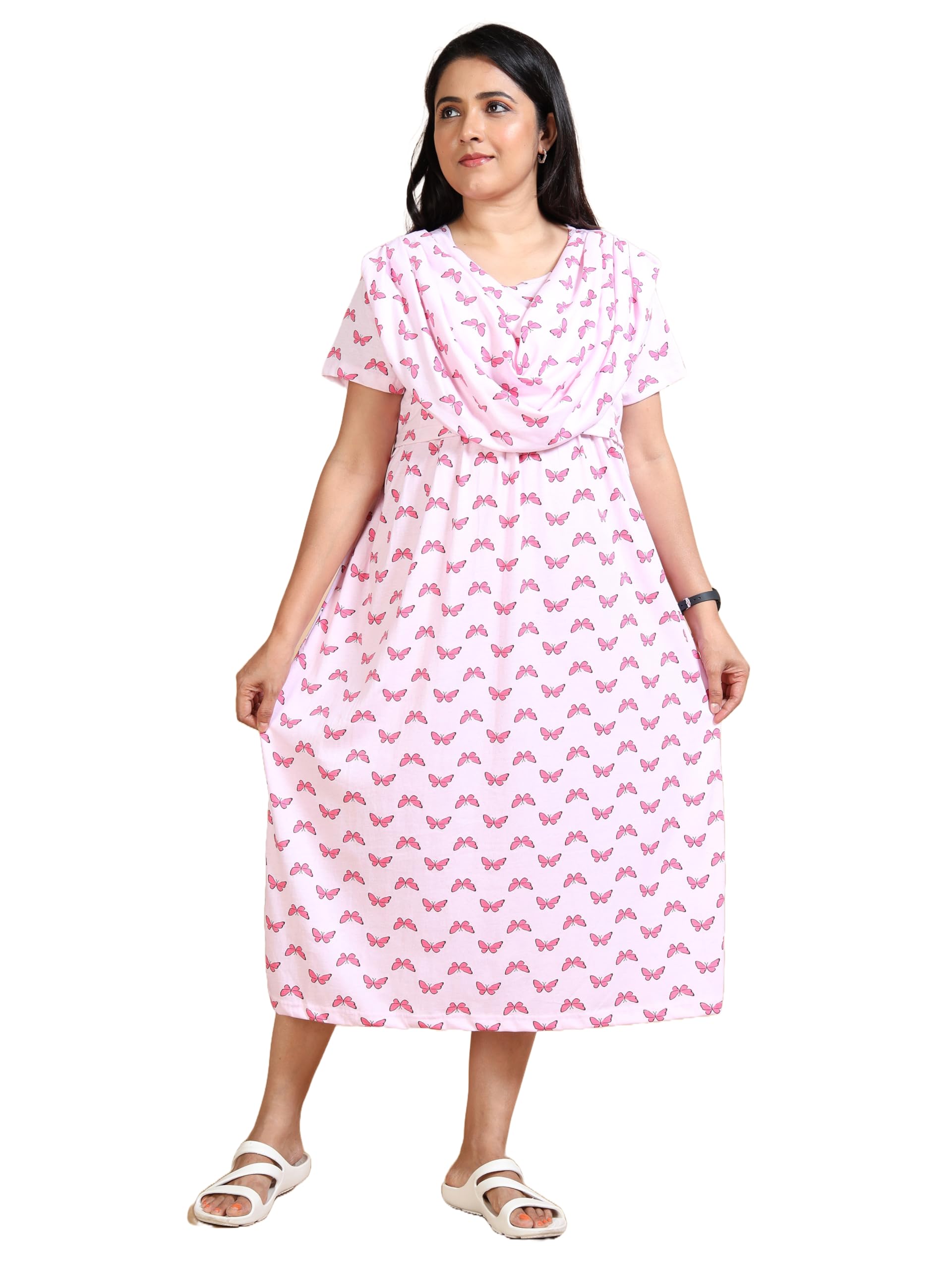 Women's Pink Cotton Maternity Midi Dress with Heart Print Pattern Short Sleeve Draped Dupatta Style-image-8