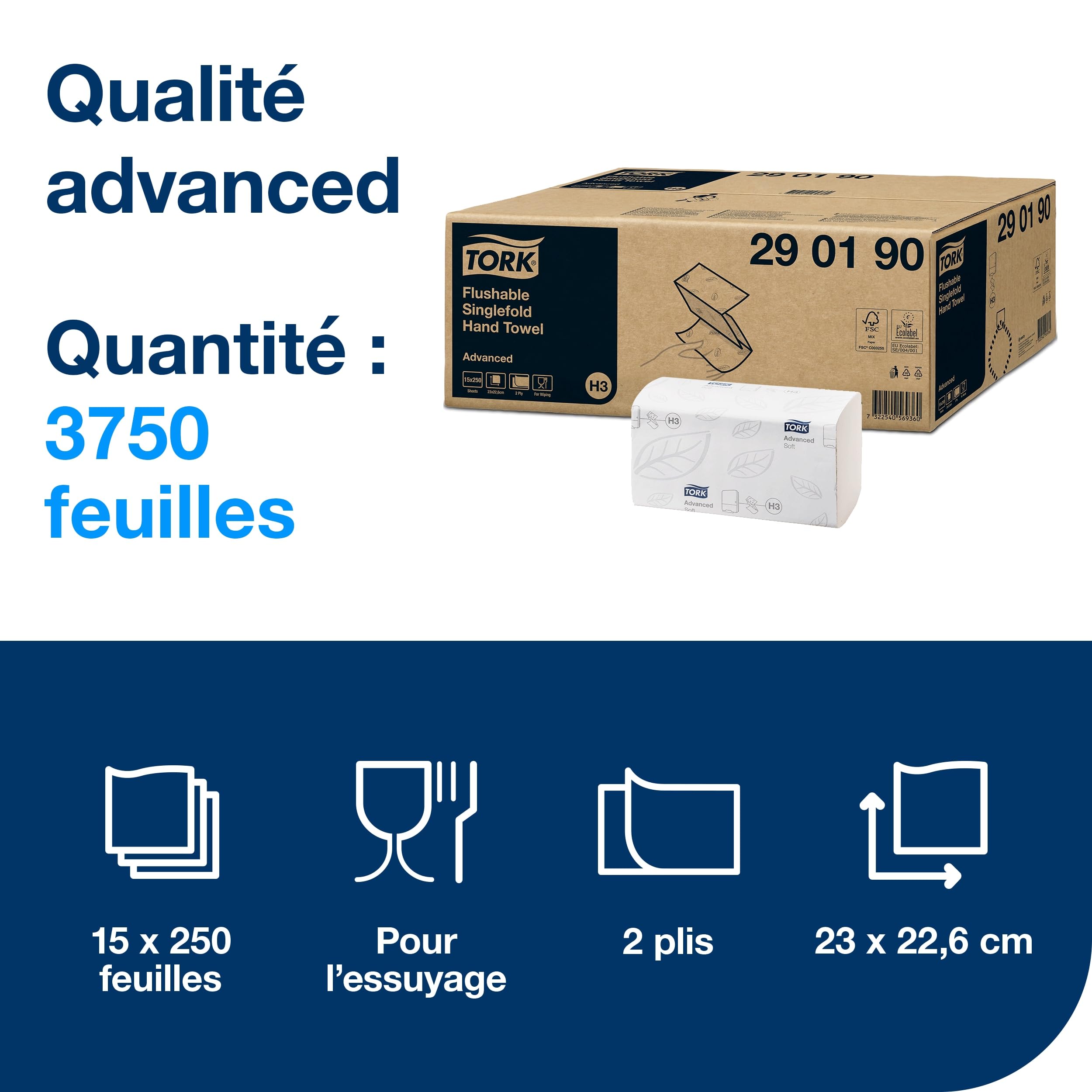 Tork Essuie-mains pliés en V blancs H3, Advanced, délitables, 15 x 250 feuilles, 290190