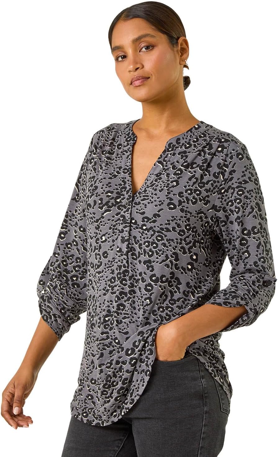Roman Shirt for Women UK Ladies Top Collarless Blouse Stretchy Tunic Smart Casual Autumn Winter Jersey 3/4 Length Sleeve Notch V Neck Flattering Office Work