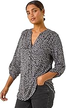 Roman Originals Shirt for Women UK Ladies Top Collarless Blouse Stretchy Tunic Smart Casual Autumn Winter Jersey 3/4 Length Sleeve Notch V Neck Flattering Office Work