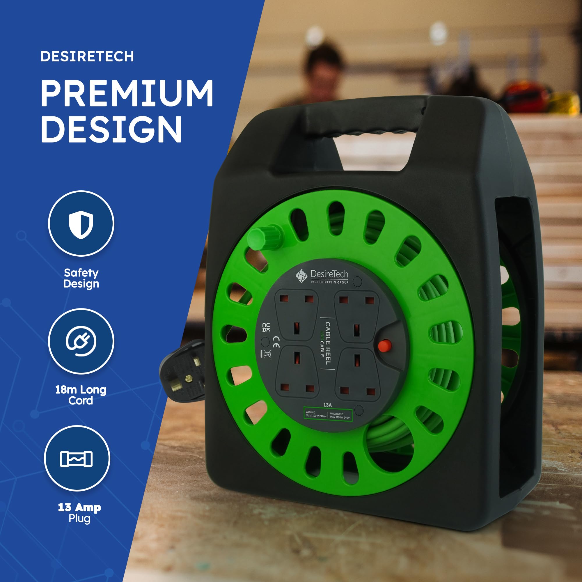 Desiretech - Cable de extensión portátil de 18 Metros - 4 enchufes obturados, Corte térmico, Mango ergonómico, Verde/Negro - Cable de extensión Resistente para Uso en Interiores (18 Metros)