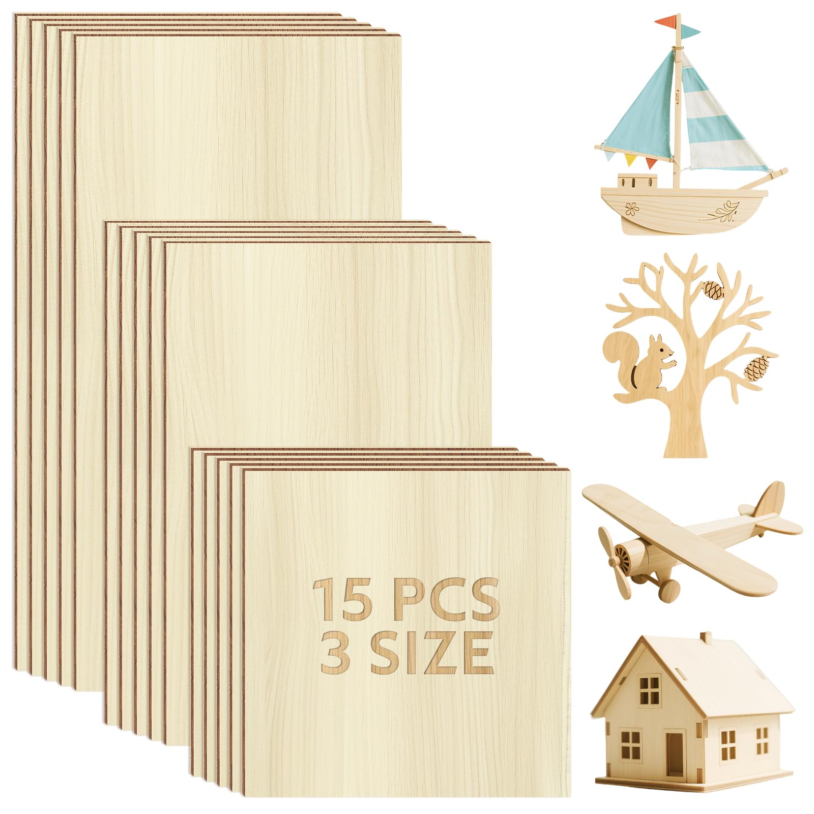 Realure 15Pcs Unfinished Basswood Sheets, 3 Mixed Sizes Thin Plywood Boards, Easy Cut Natural Wood Planks for DIY Craft Painting Engraving Model Making