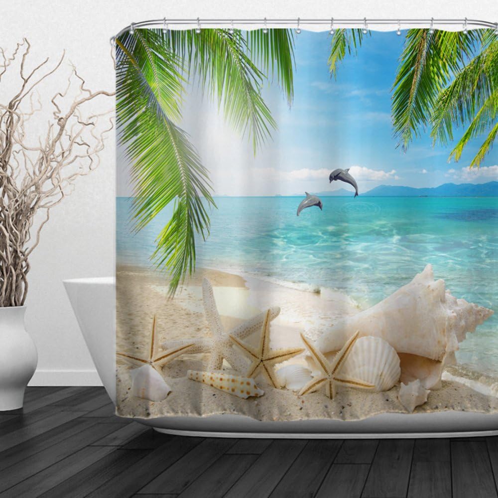Baccessor Dolphin Shells Shower Curtain Fabric Bathroom Decor Tropical Ocean Beach Theme Shower Curtain with Hooks, 60" W x 72" H (150CM x 180CM) - Dolphins Shells