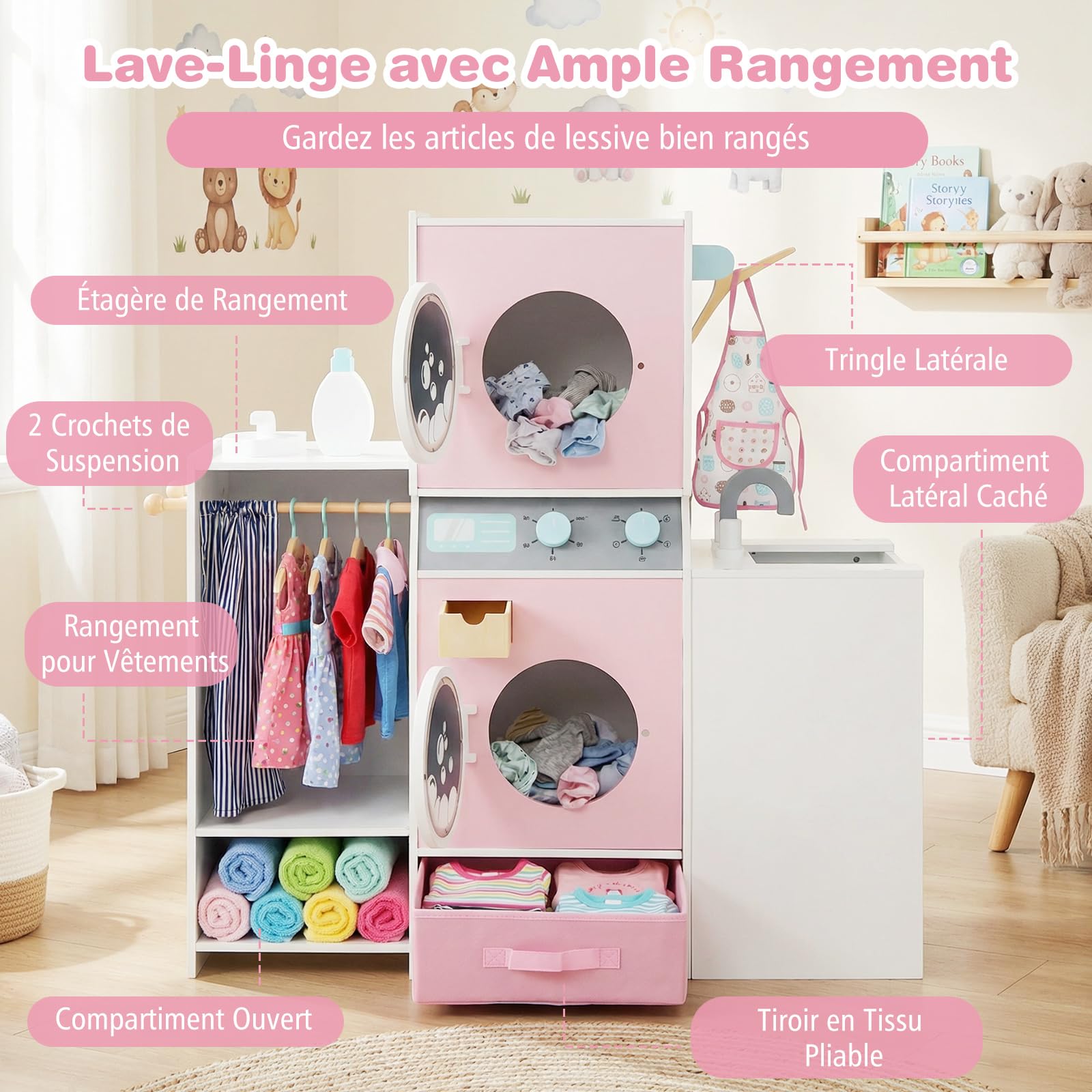 COSTWAY Machine à Laver Enfant avec Fer à Repasser et Lavabo, Buanderie Enfant en Bois avec Tiroir en Tissu Pliable et 3 Cintres, Détergent à Lessive, Jeu de Lave-Linge pour 3 Ans+