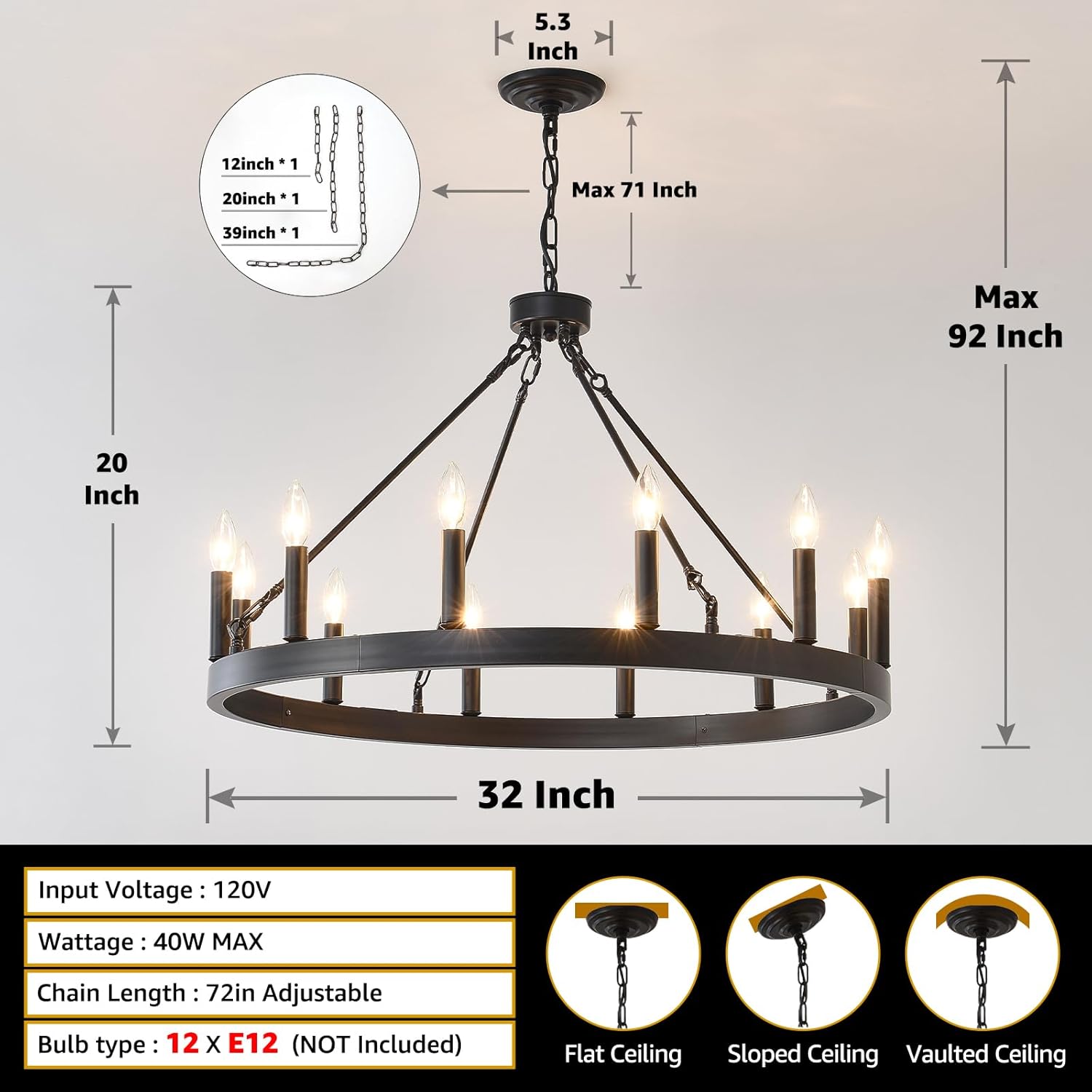 32'' Wagon Wheel Chandelier, 12-Light Black Round Chandeliers for Dining Room, Industrial Entryway Light Fixture for Living Room, Foyer, Farmhouse
