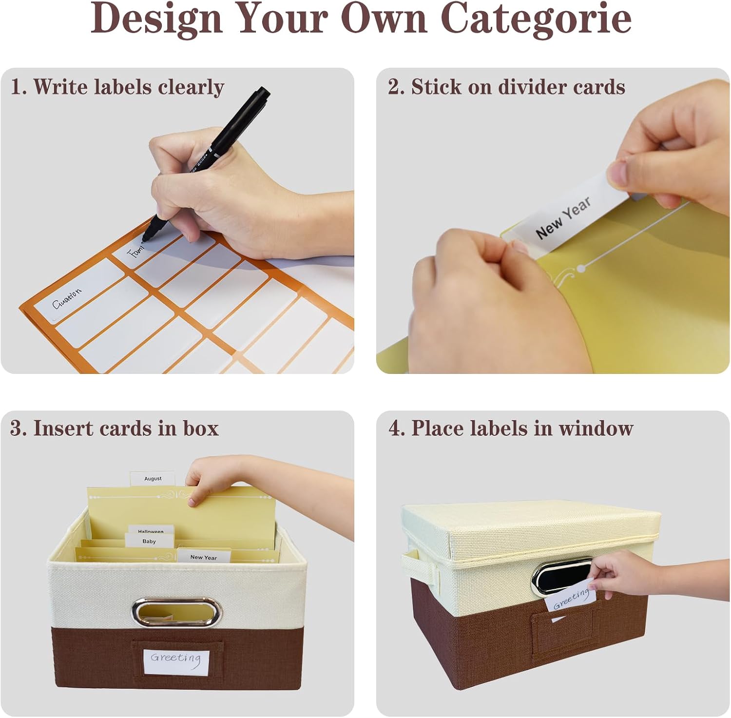 Greeting Card Organizer Box, Card Storage Box with 20 Removable Dividers & 84 Labels, Foldable Storage Box with Lids for Photos, Postcards, Graduation Card, Birthday Cards Holder Sewing(Beige & Brown) image 4