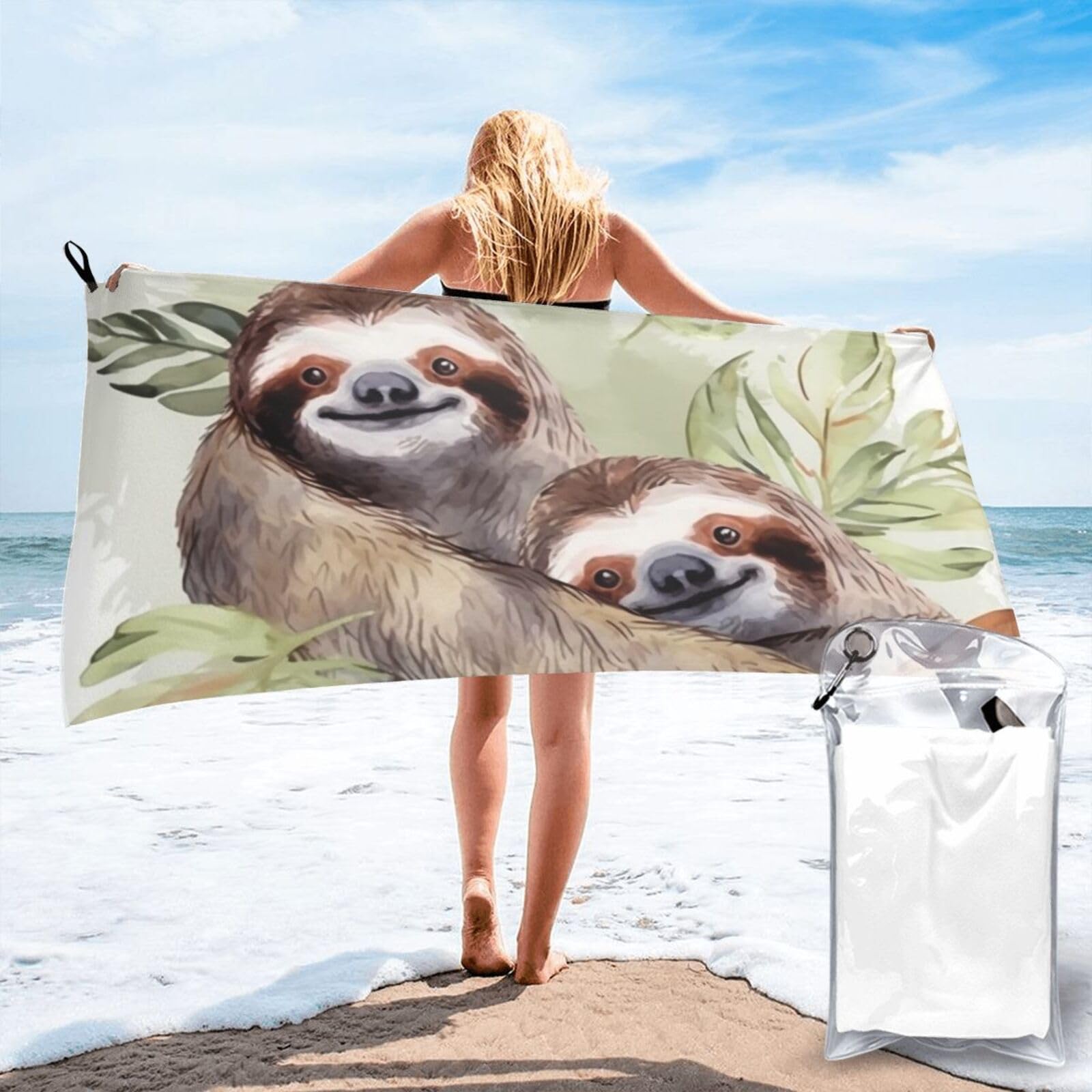 DWVTSLH Microfiber Sand Free Beach Towel 31.5"x63", Quick Dry Absorbent Travel Towel Large Camping Blanket, Watercolor Sloth Bath Towels Lightweight Pool Swim Towels for Vacation Essentials