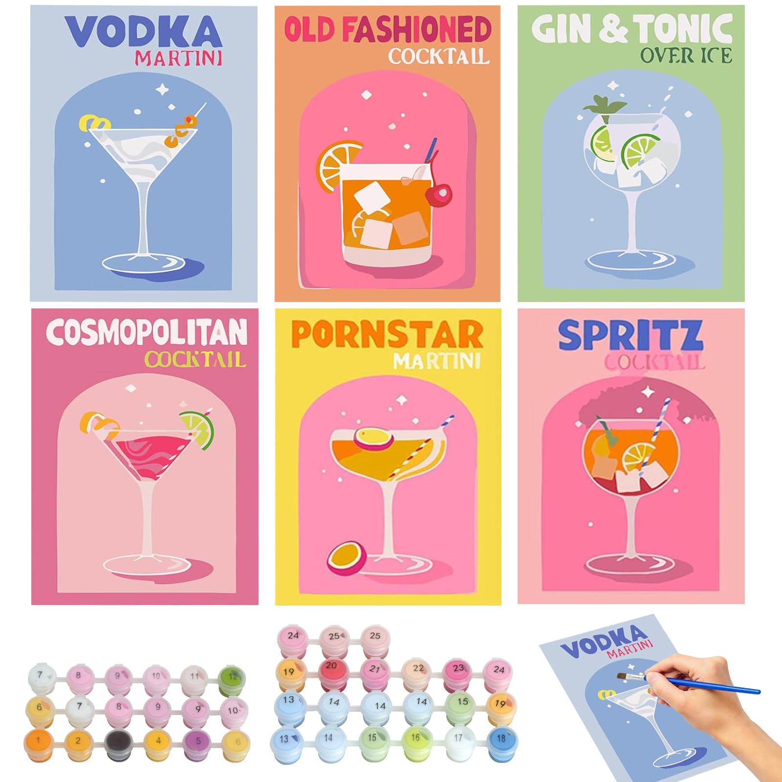 TayBong 6 Pack Paint by Numbers Kits for Adults, Cocktails DIY Acrylic Painting on Canvasβ with Brushβ and Paints, Beginnerβ Friendly Art Setβ for Home Wall Decor 20x30cm Frameless