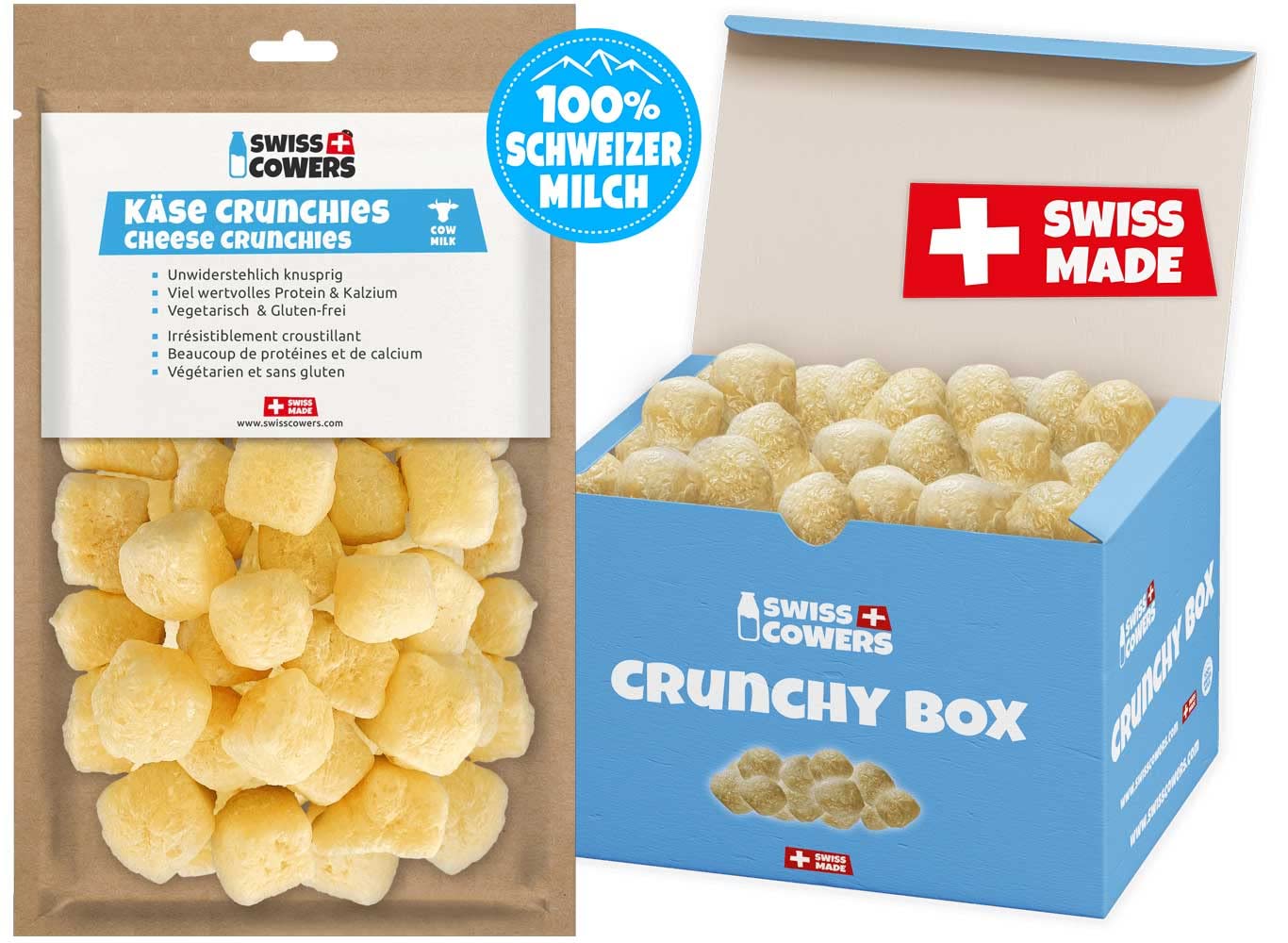Swiss Cowers Käse Crunchies | 100% Schweizer Milch | perfekt für Junge & ältere Hunde | Zahnpflege | ohne Laktose | Unwiderstehlich knusprige Käse Hundesnacks (350g Box)