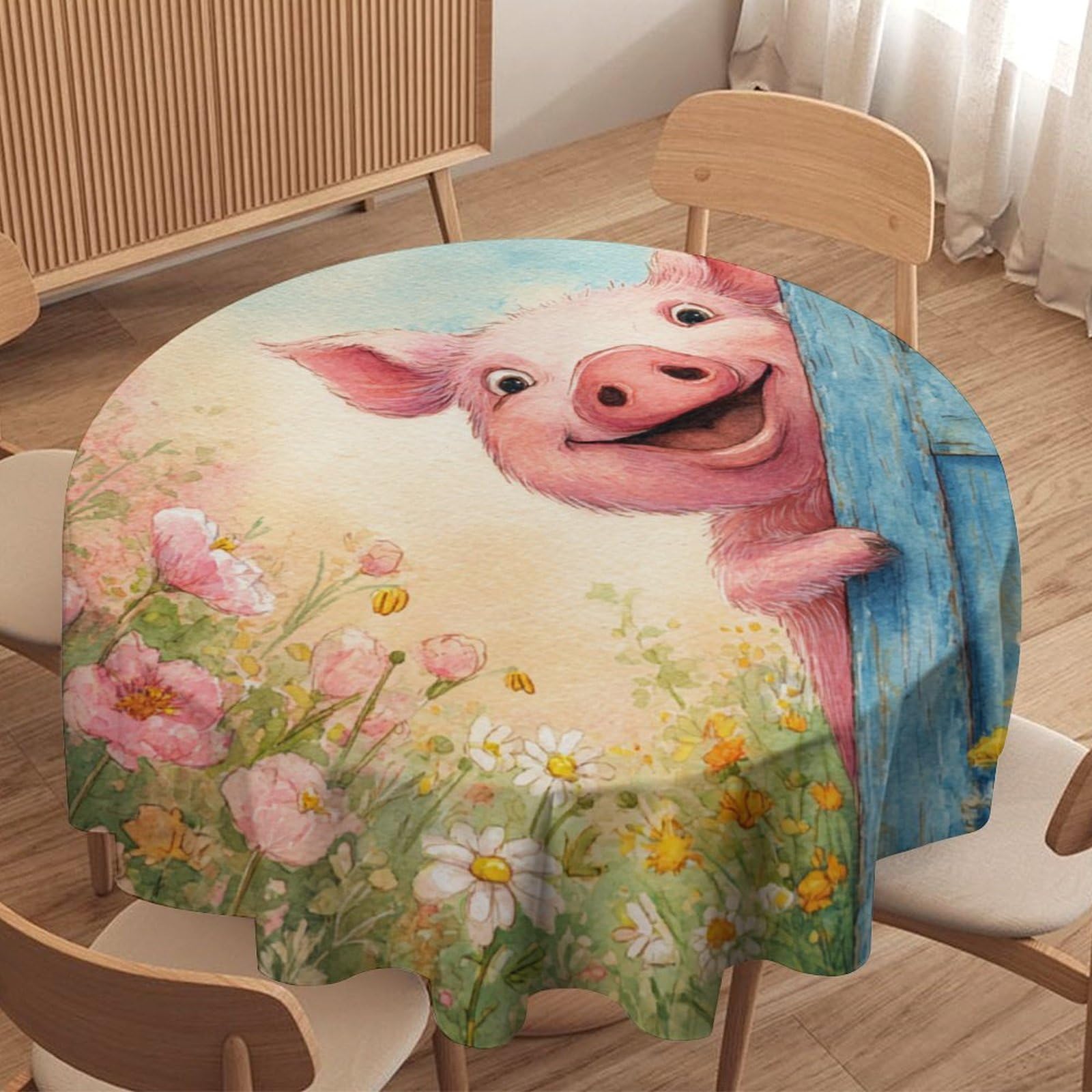 LUYYSKY Fantasy Rustic Cute Pig Waterproof Round Tablecloth Classic Realistic Spring Barn Door Animals Pig Plants Flowers Pattern Washable Table Cover for Kitchen-91.4" Wx91.4 L cm