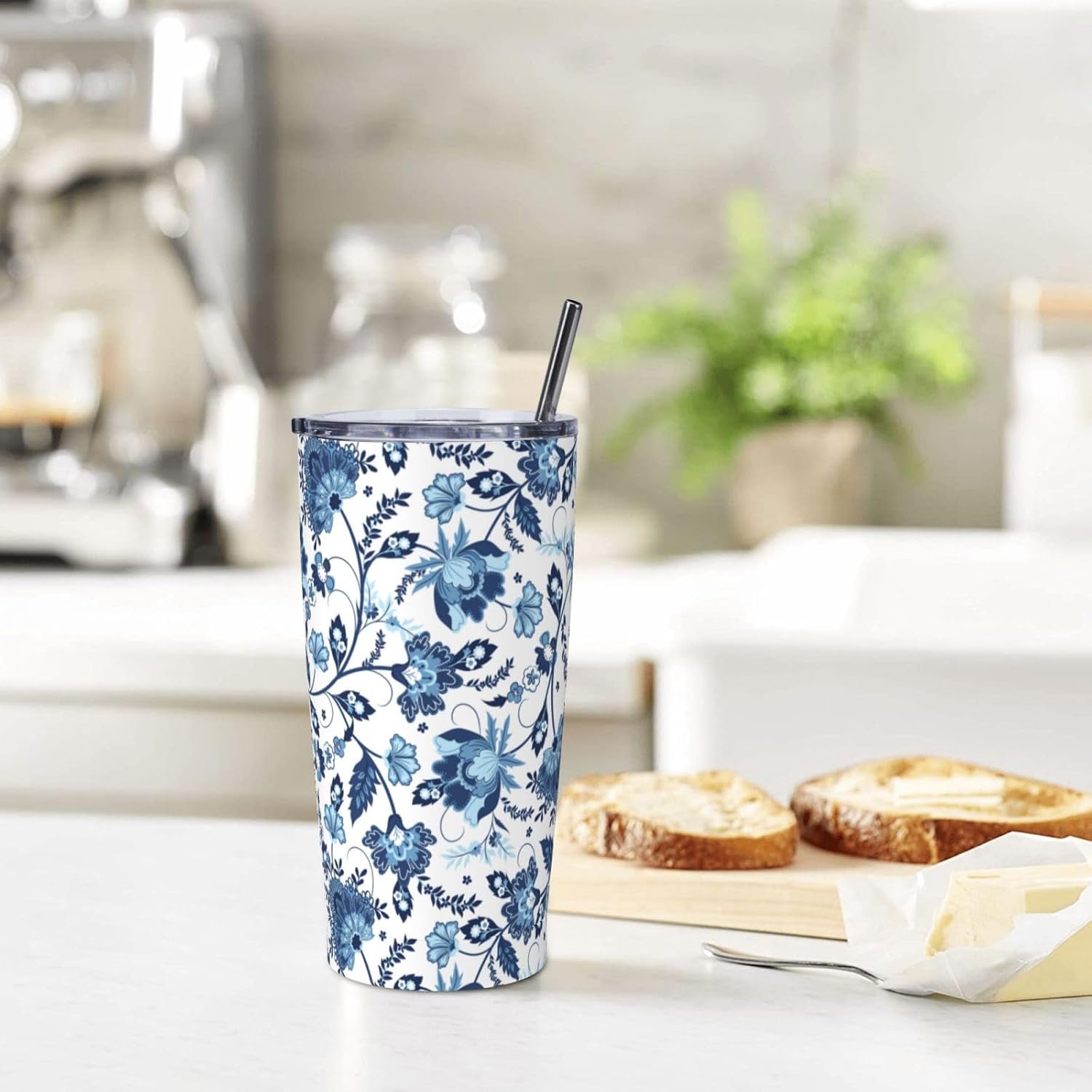 Blue White Porcelain Pattern Tumbler,Ceramics Flower 20oz Stainless Steel Insulated Travel Tumblers,Travel Coffee Mug with Lid and Straw Water Bottle Drink Cups Gifts for Women Men Lovers - Image 7