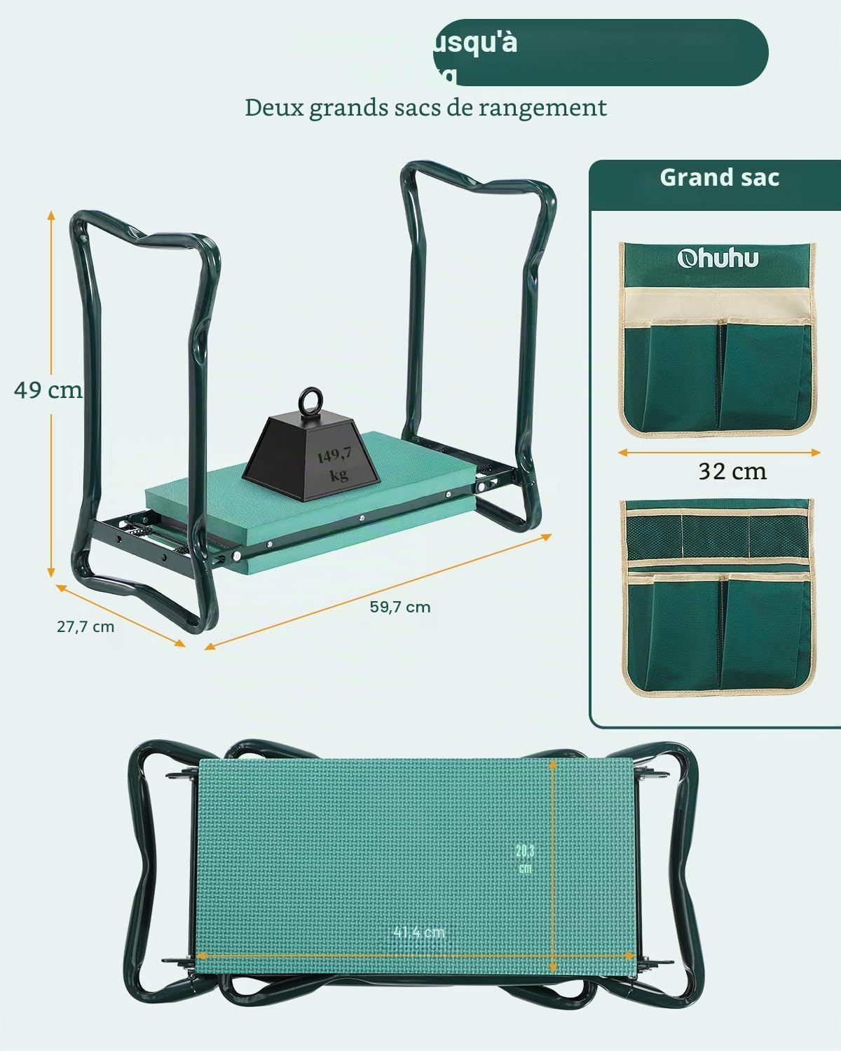Ohuhu Banc agenouilloir et siège de jardin avec coussin pour s'agenouiller plus épais et plus large et 2 grandes poches à outils, tabouret de jardinage pliable, pour les parents, les personnes âgées