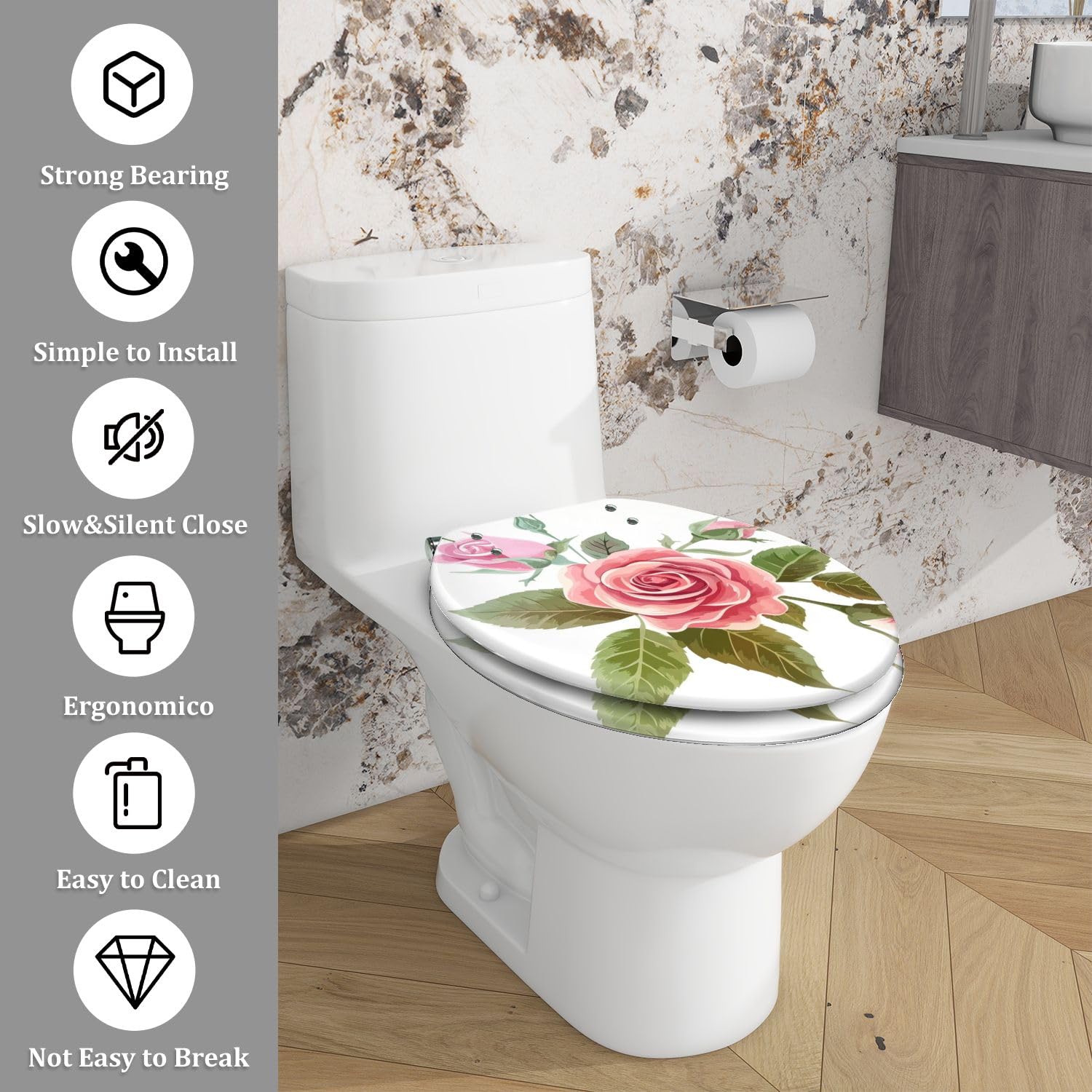 Asiento de inodoro alargado con cierre suave para baño