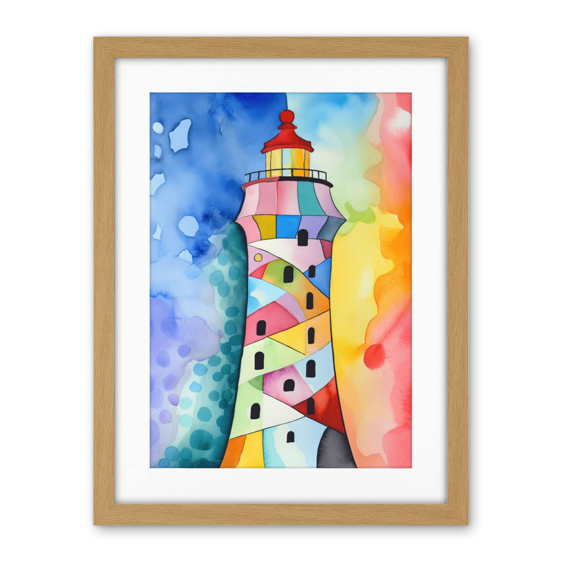 Artery8 Lighthouse Concept With Rainbow Colour Sky Folk Art Watercolour Painting Artwork Framed Wall Art Print 18X24 Inch